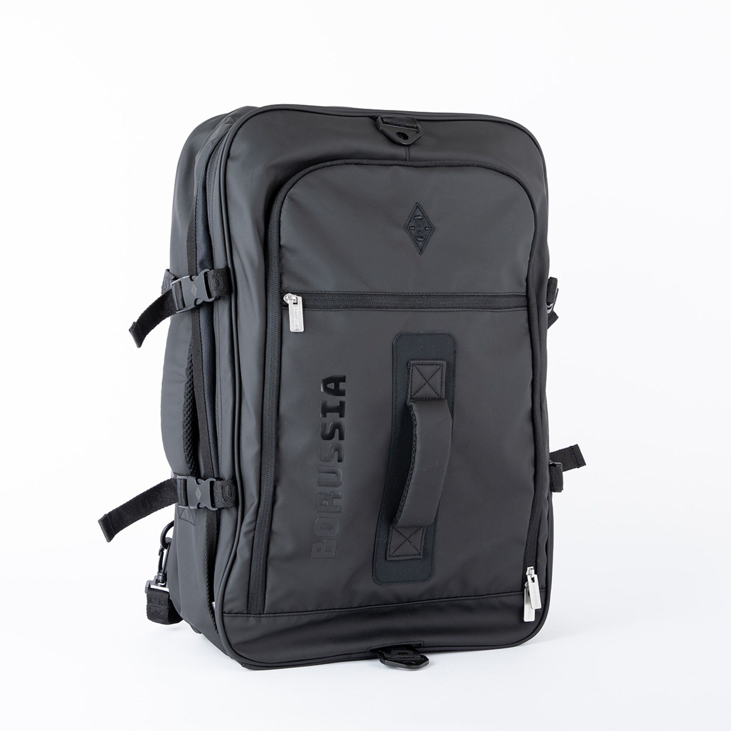 Schwarze Reisetasche mit Schulterriemen und verschiedenen Fächern.