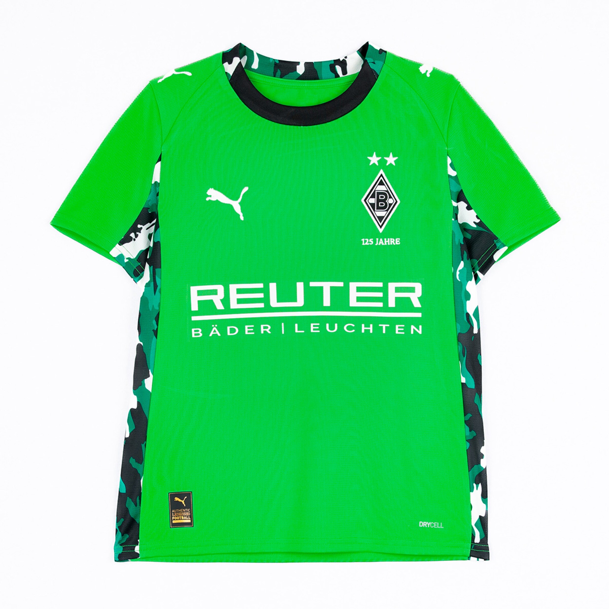 Grünes Trikot von Borussia Mönchengladbach mit Tarnmuster und Aufschrift REUTER BÄDER LEUCHTEN.