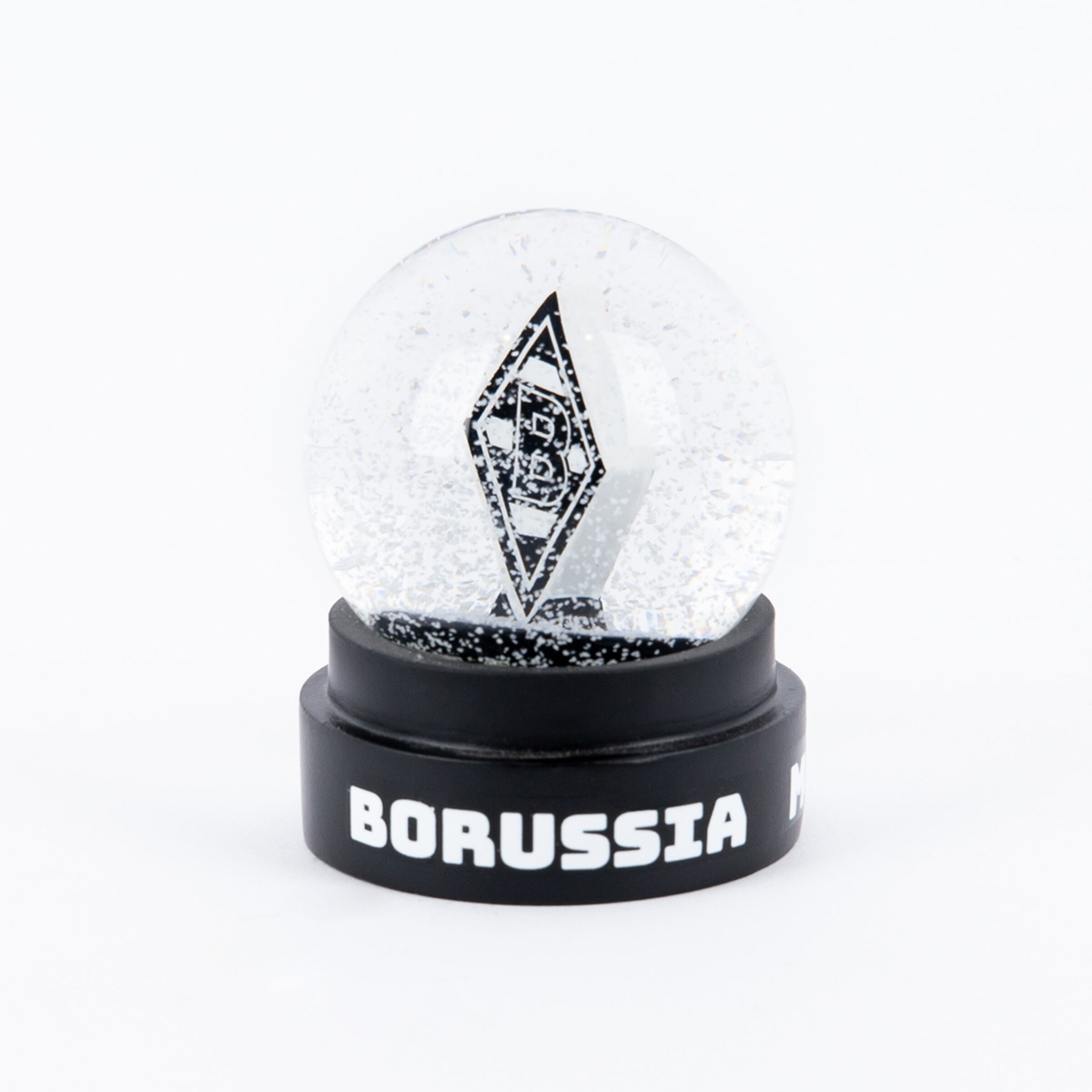 Schneekugel mit Borussia Mönchengladbach-Logo auf schwarzem Sockel.
