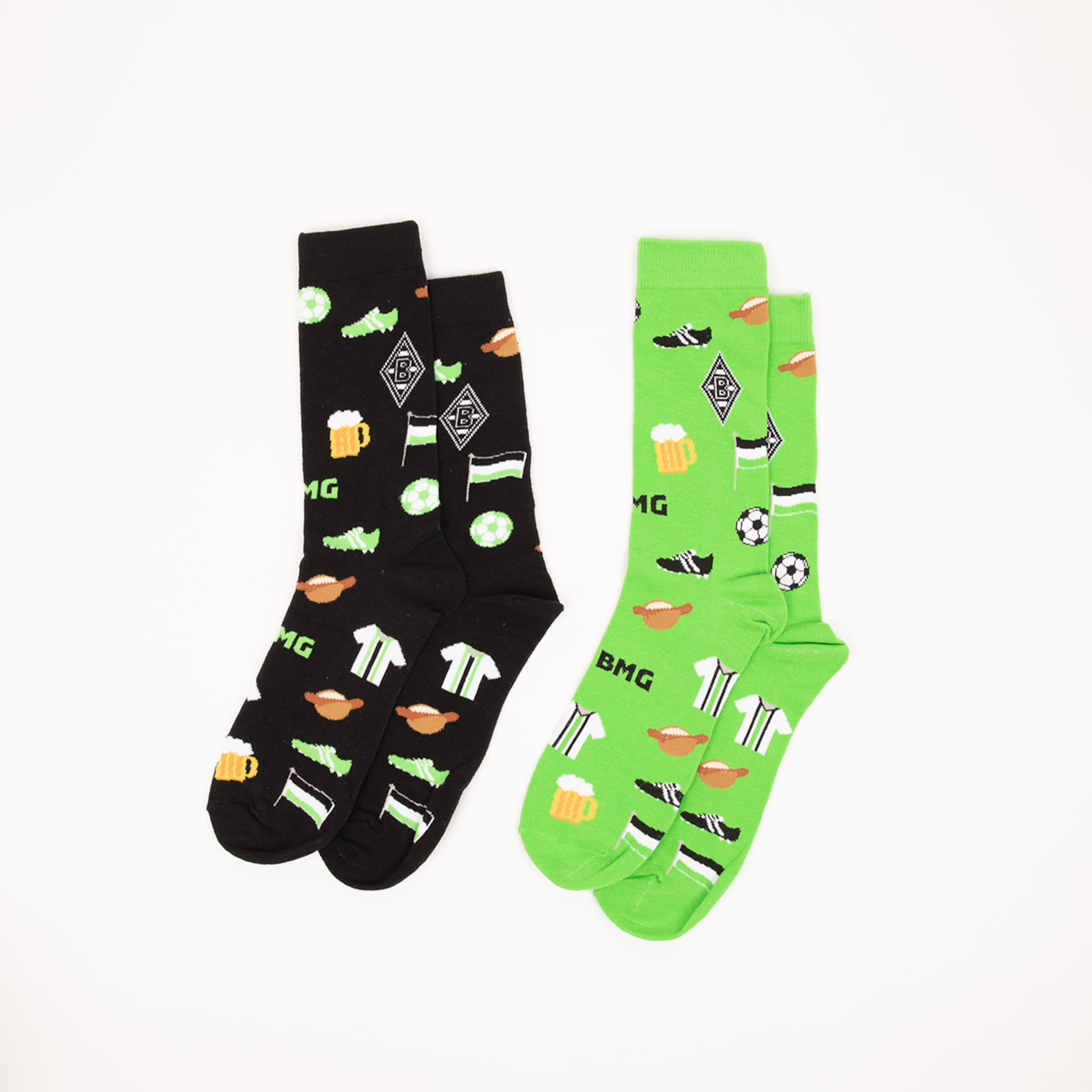 Black and green socks featuring sports motifs like soccer beer and snacks.