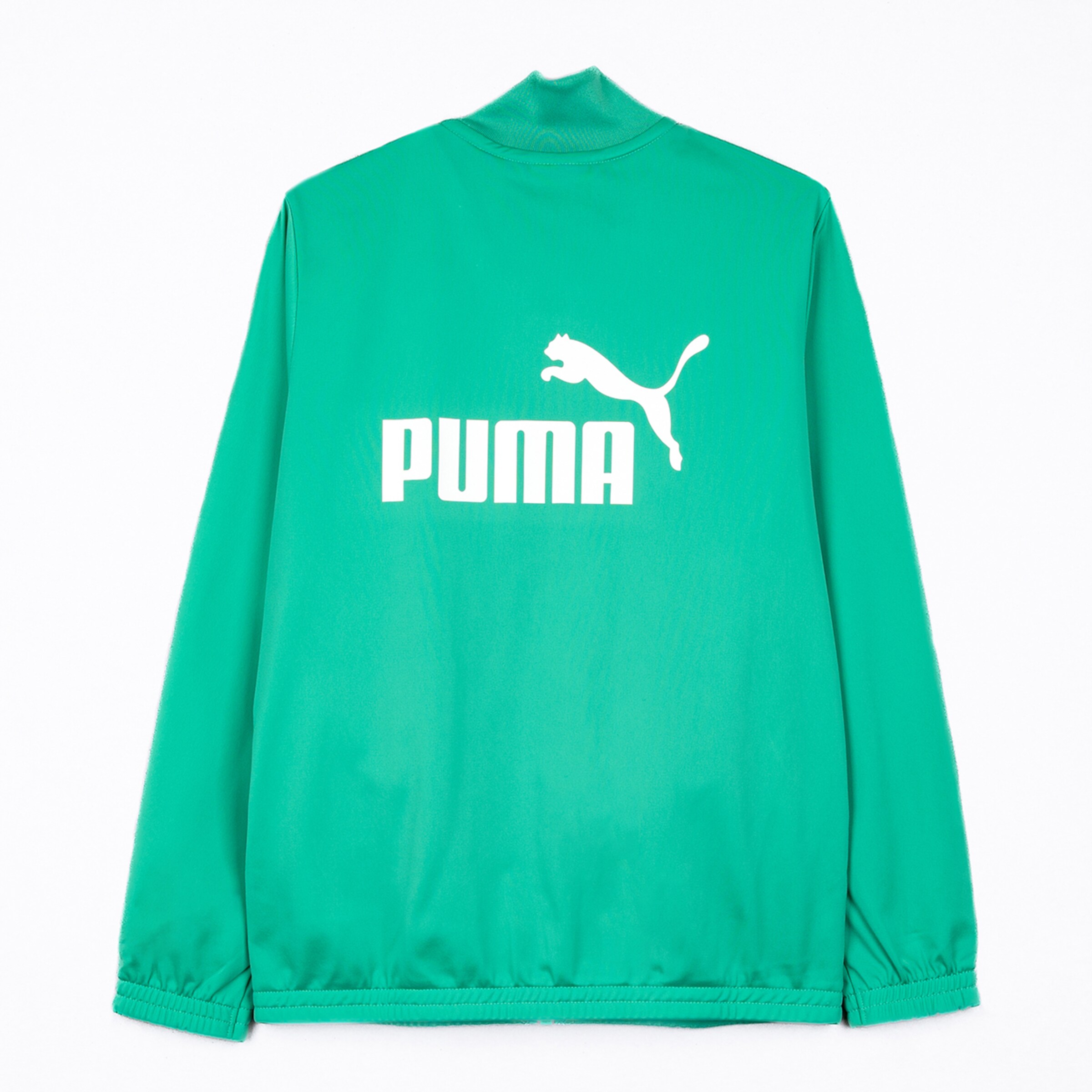 Back view of a green Puma track jacket with a large white logo and leaping cat icon.