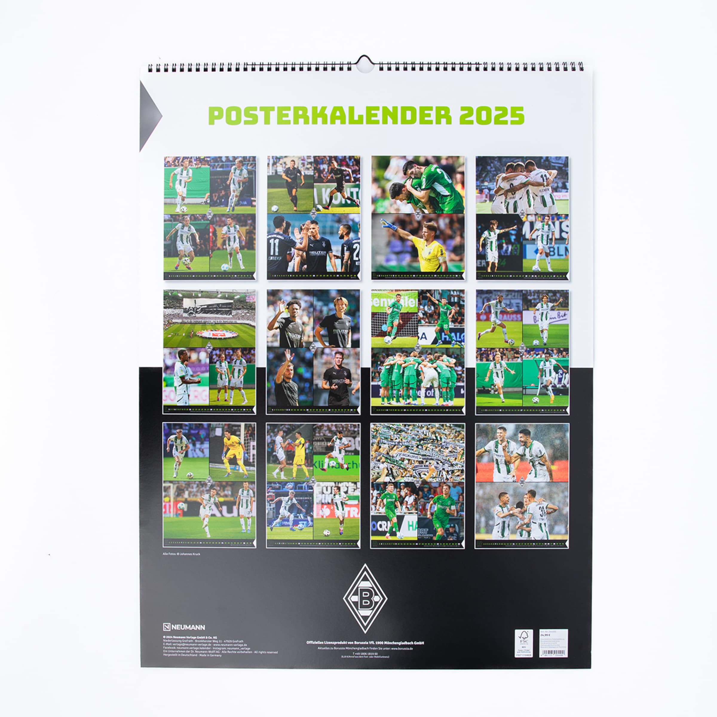 Poster-Wandkalender 2025 von Borussia Mönchengladbach mit 12 Aktionsfotos der Spieler, grünem Titel und dem Vereinslogo unten.