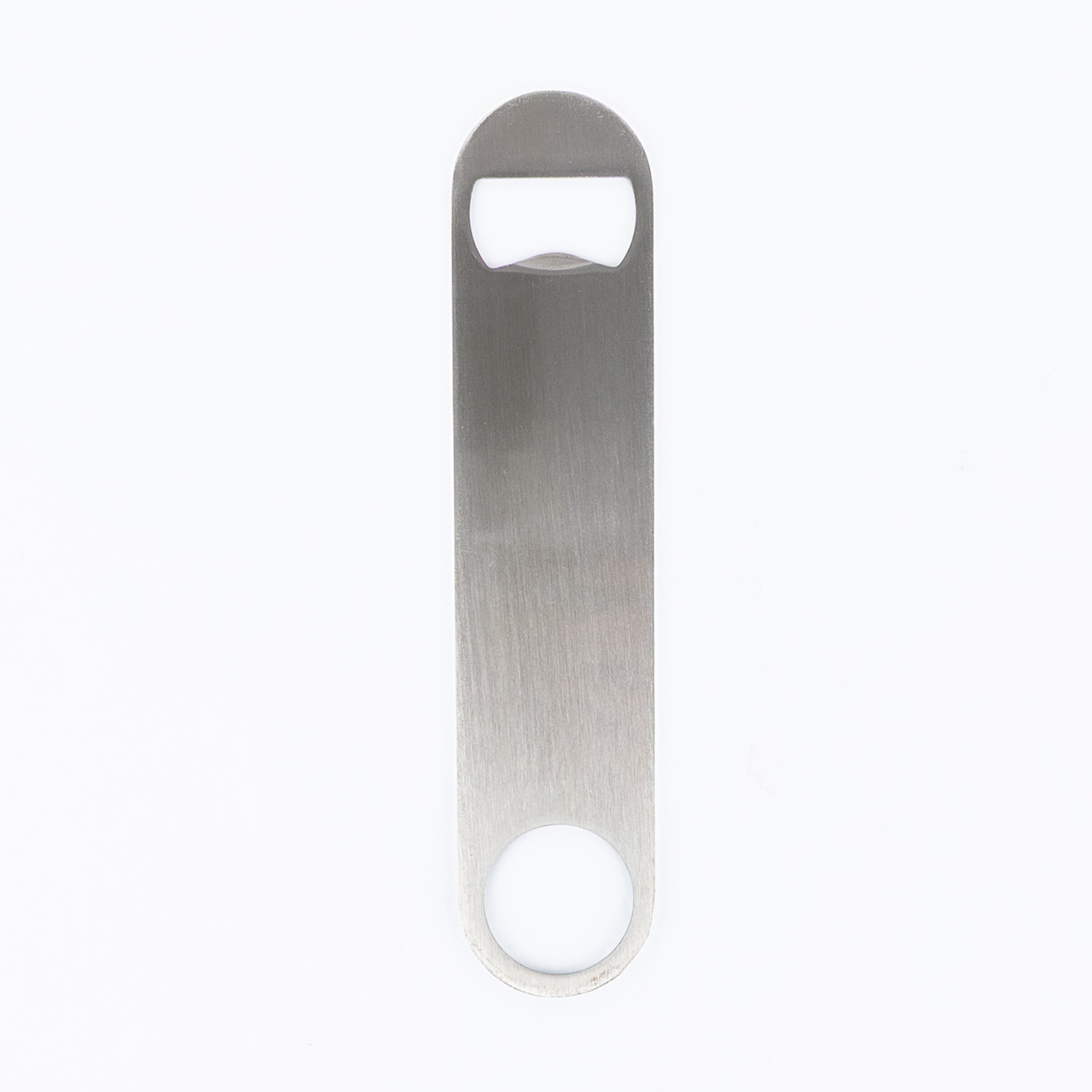 Stainless steel bottle opener with a slim grip and integrated bottle opening section.