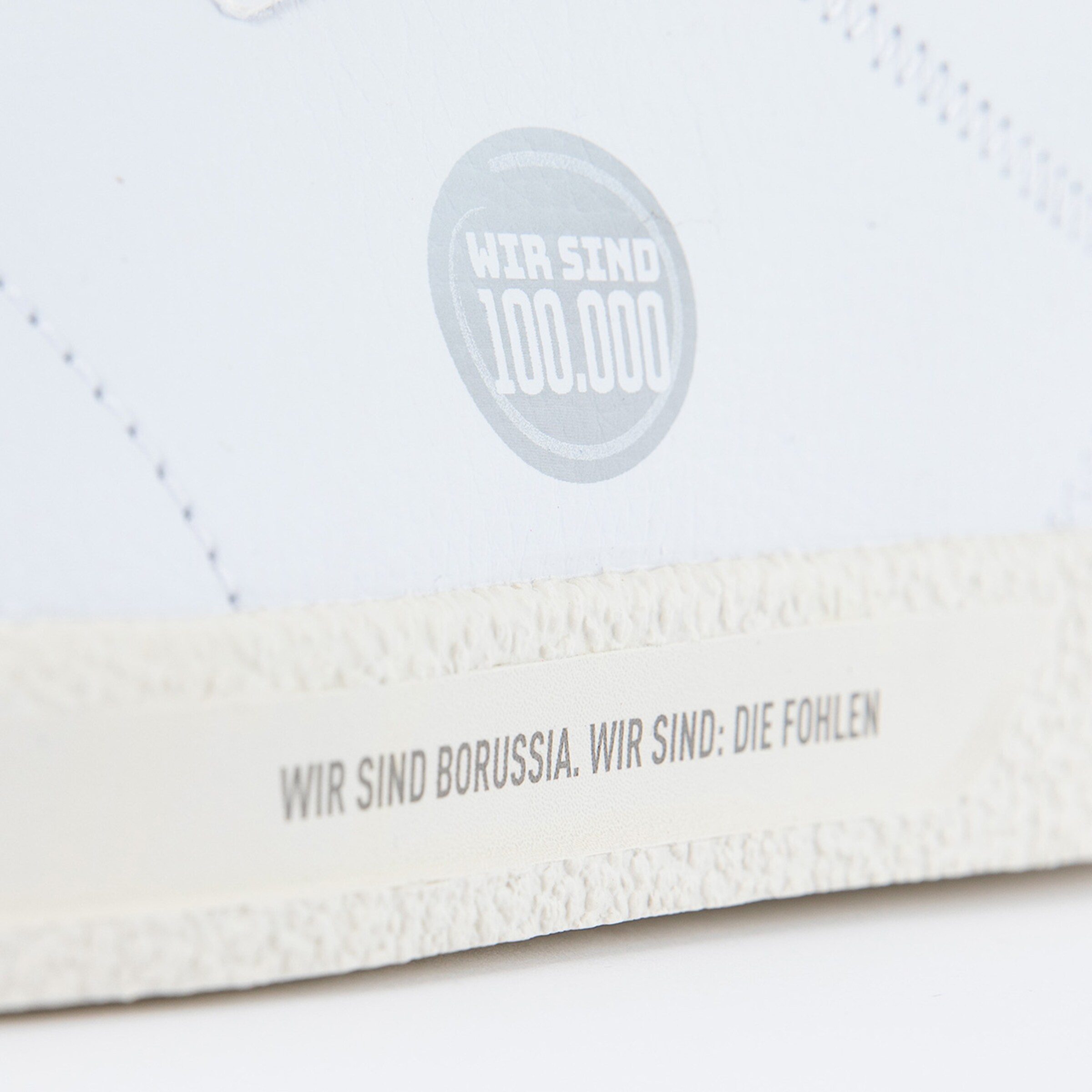 Weißer Schuh mit blauem Wir sind 100.000-Aufkleber und Schriftzug: Wir sind Borussia. Wir sind: Die Fohlen.