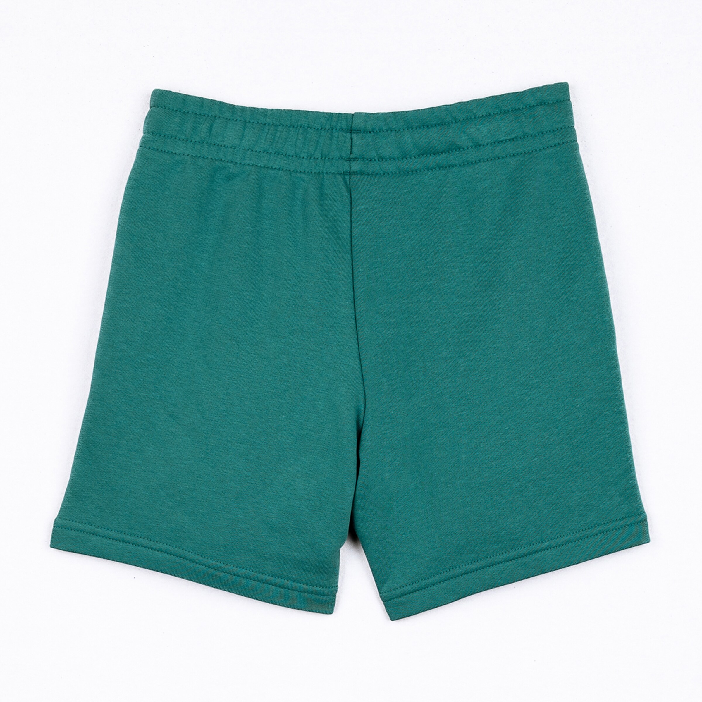 Dark green kids' sweat shorts with an elasticated waistband on a white background.