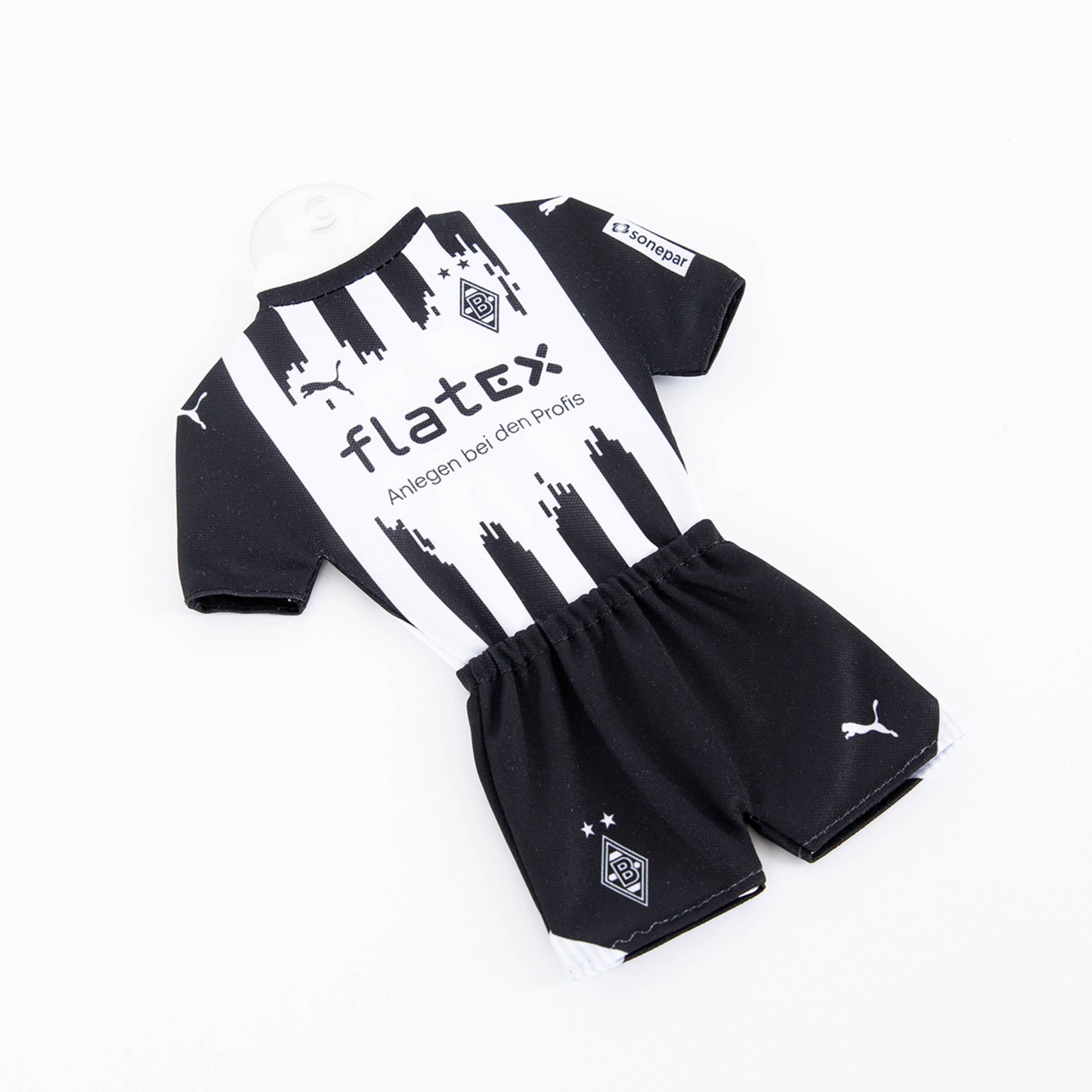 Schwarz-weißes Fußballtrikot mit Sponsor flatex für Borussia Mönchengladbach.