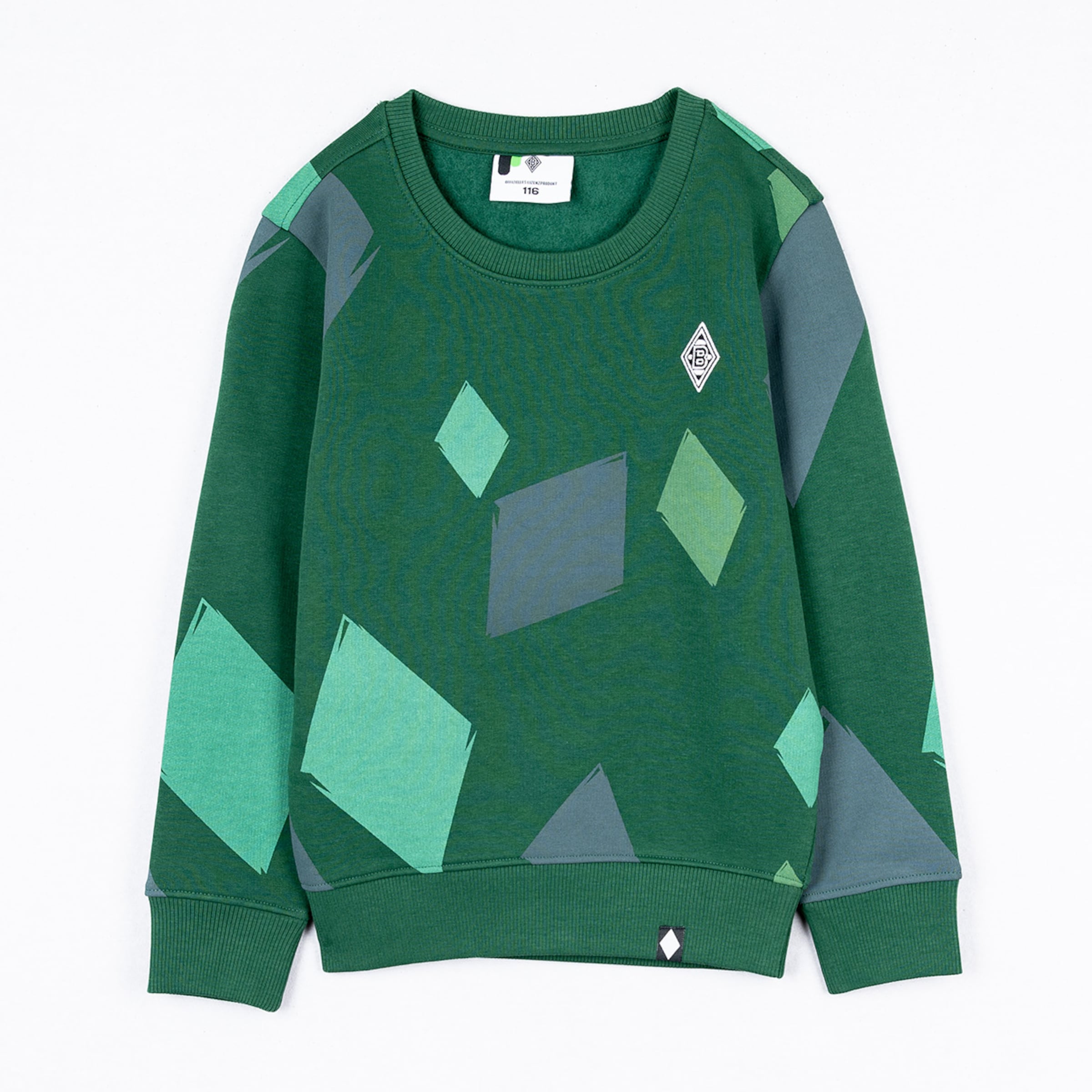 Grünes Kinder-Sweatshirt mit geometrischem Rautenmuster in Grün- und Grautönen sowie kleinem Logo auf der Brust.