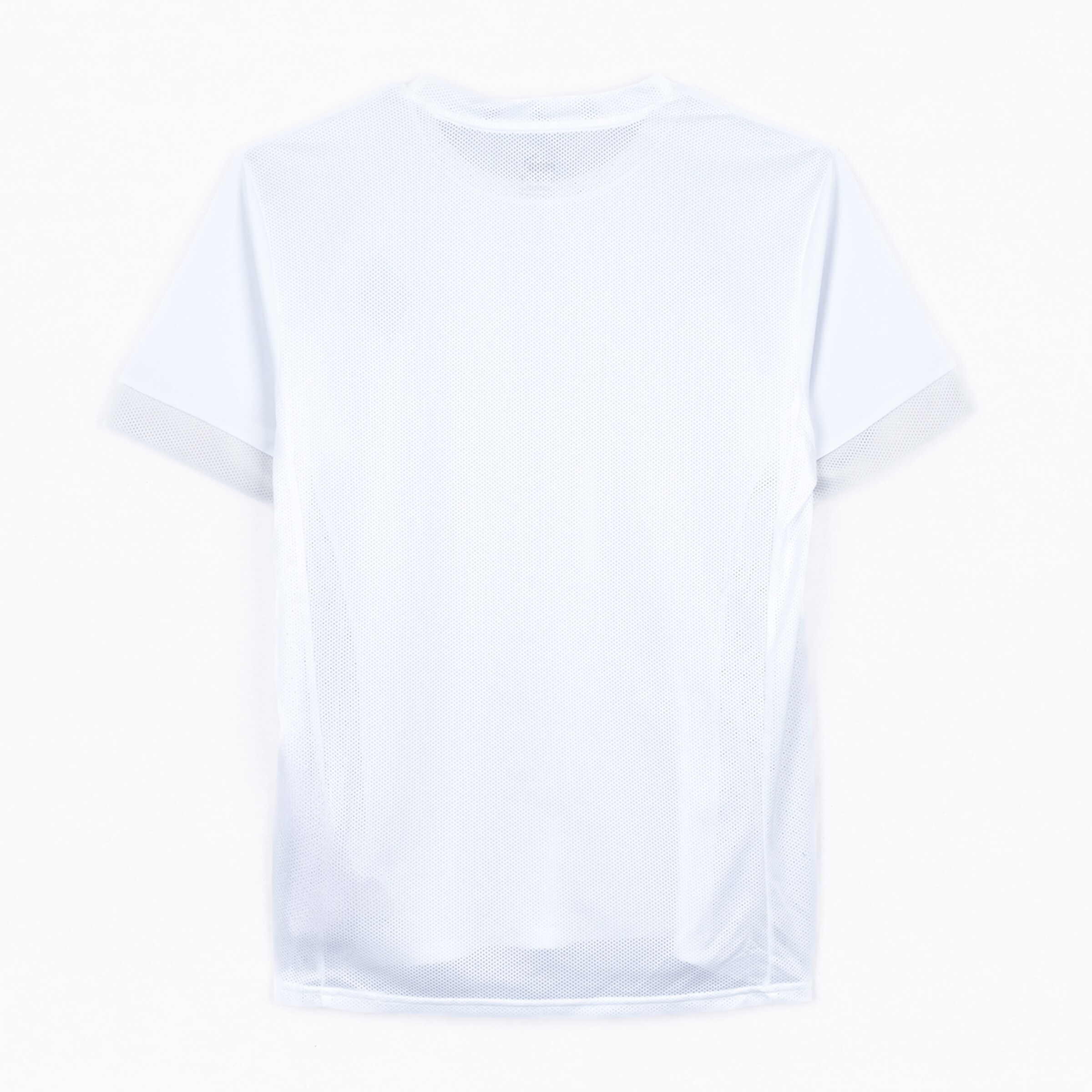 Back view of a white sports jersey with mesh texture.