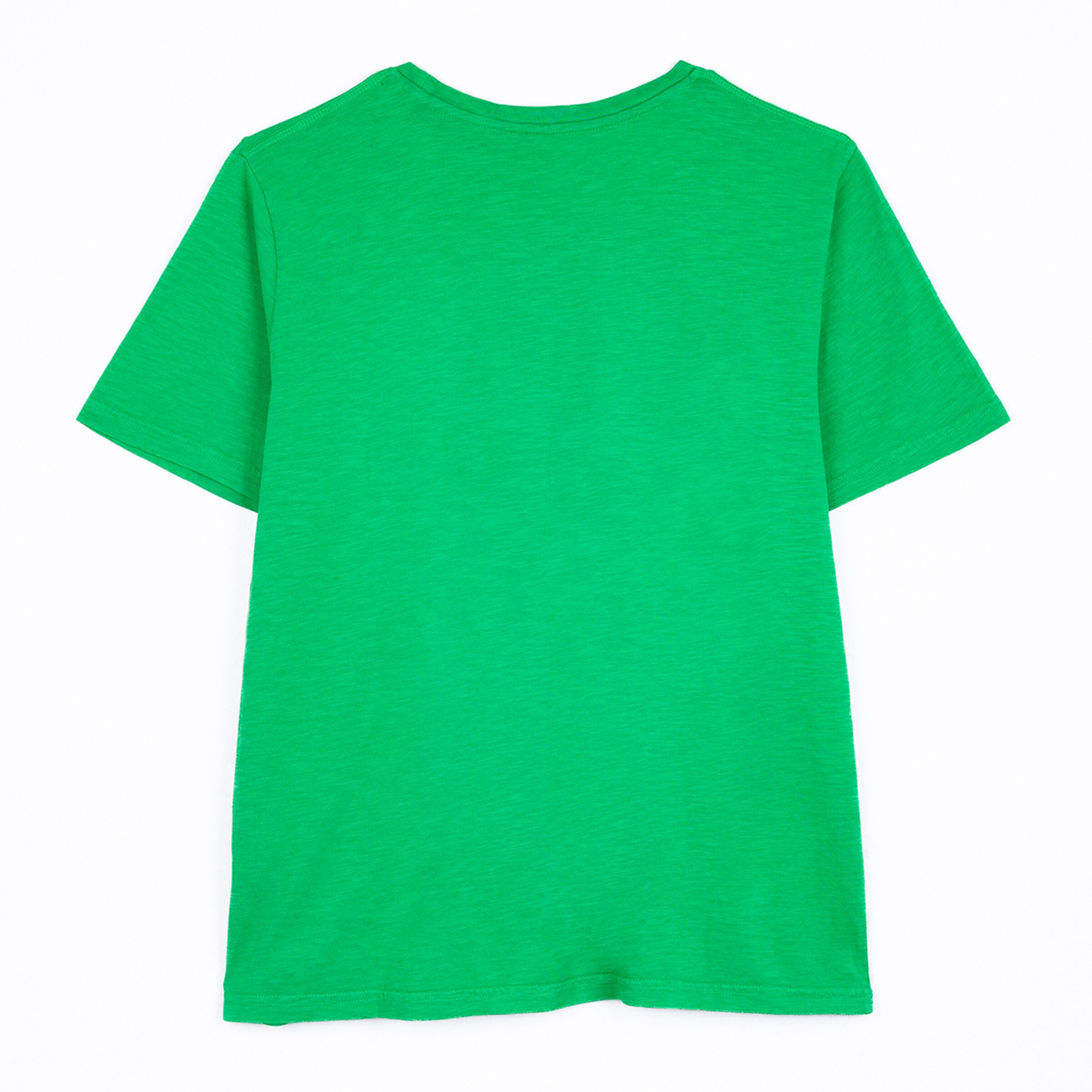 Rückansicht eines hellgrünen, kurzärmeligen T-Shirts auf weißem Hintergrund.