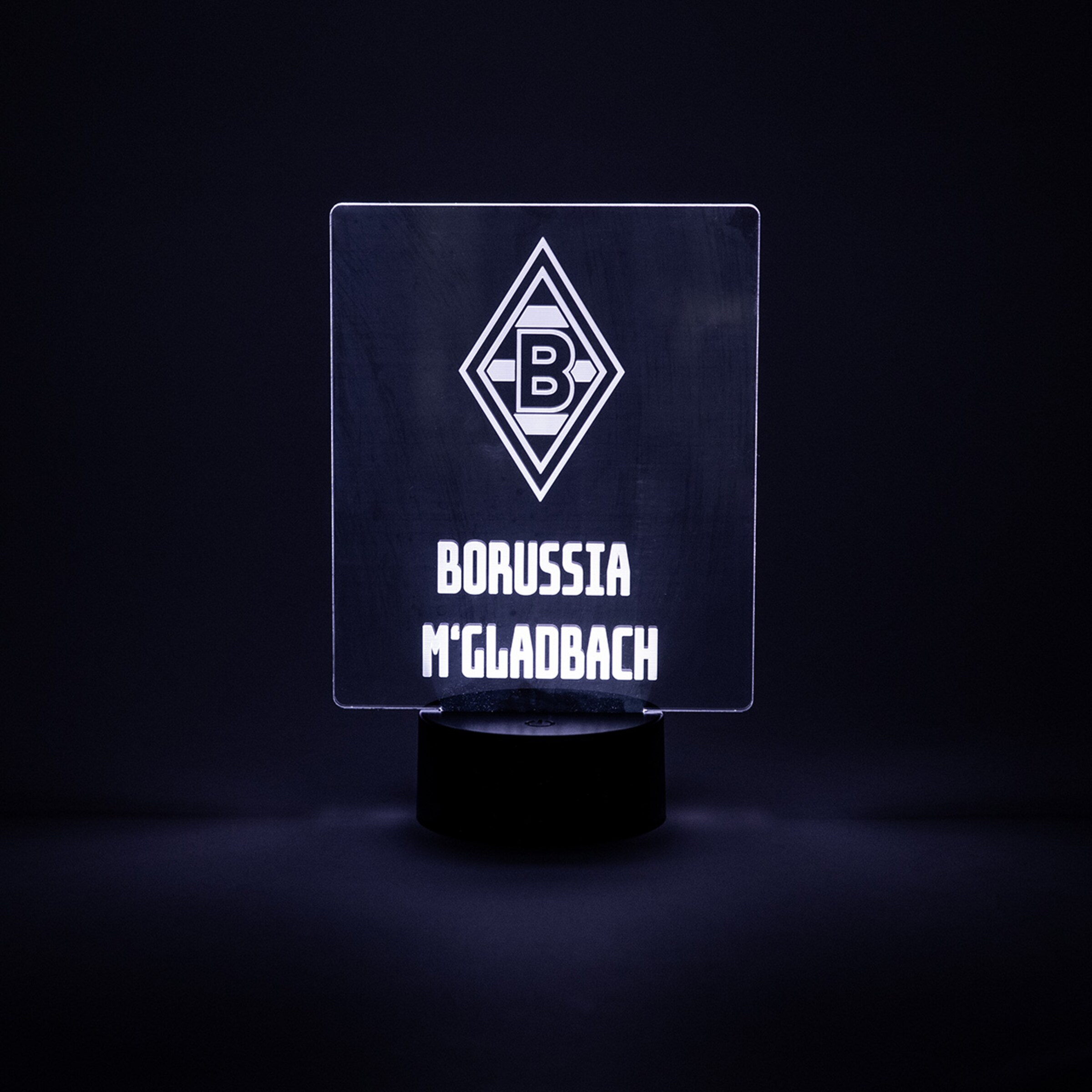 Logo von Borussia Mönchengladbach auf einer transparenten LED-Lampe.