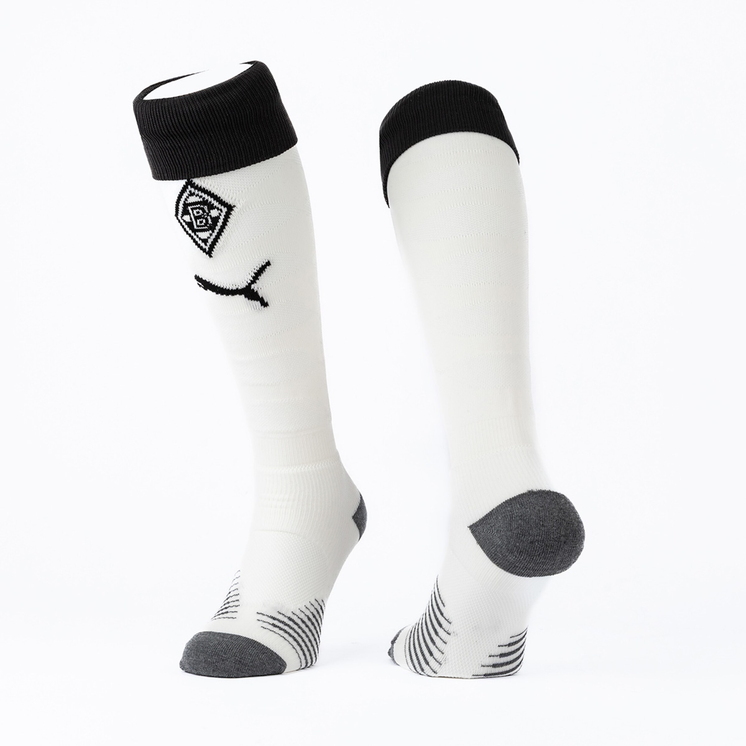 White socks with black cuff and gray sole featuring Borussia Mönchengladbach logo.