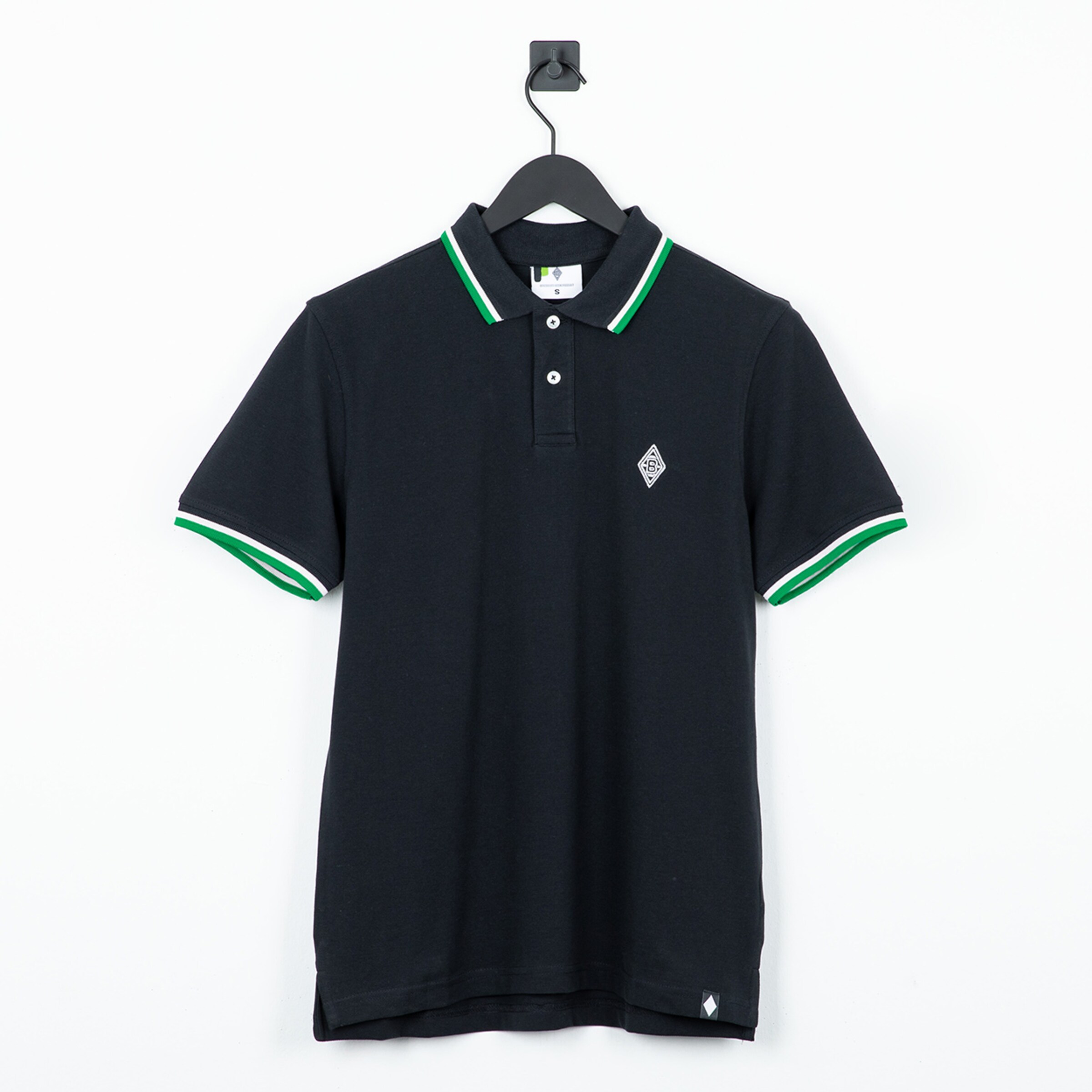 Dark blue polo shirt with green and white tipped collar and cuffs, featuring a diamond logo on the chest, hanging on a white background.