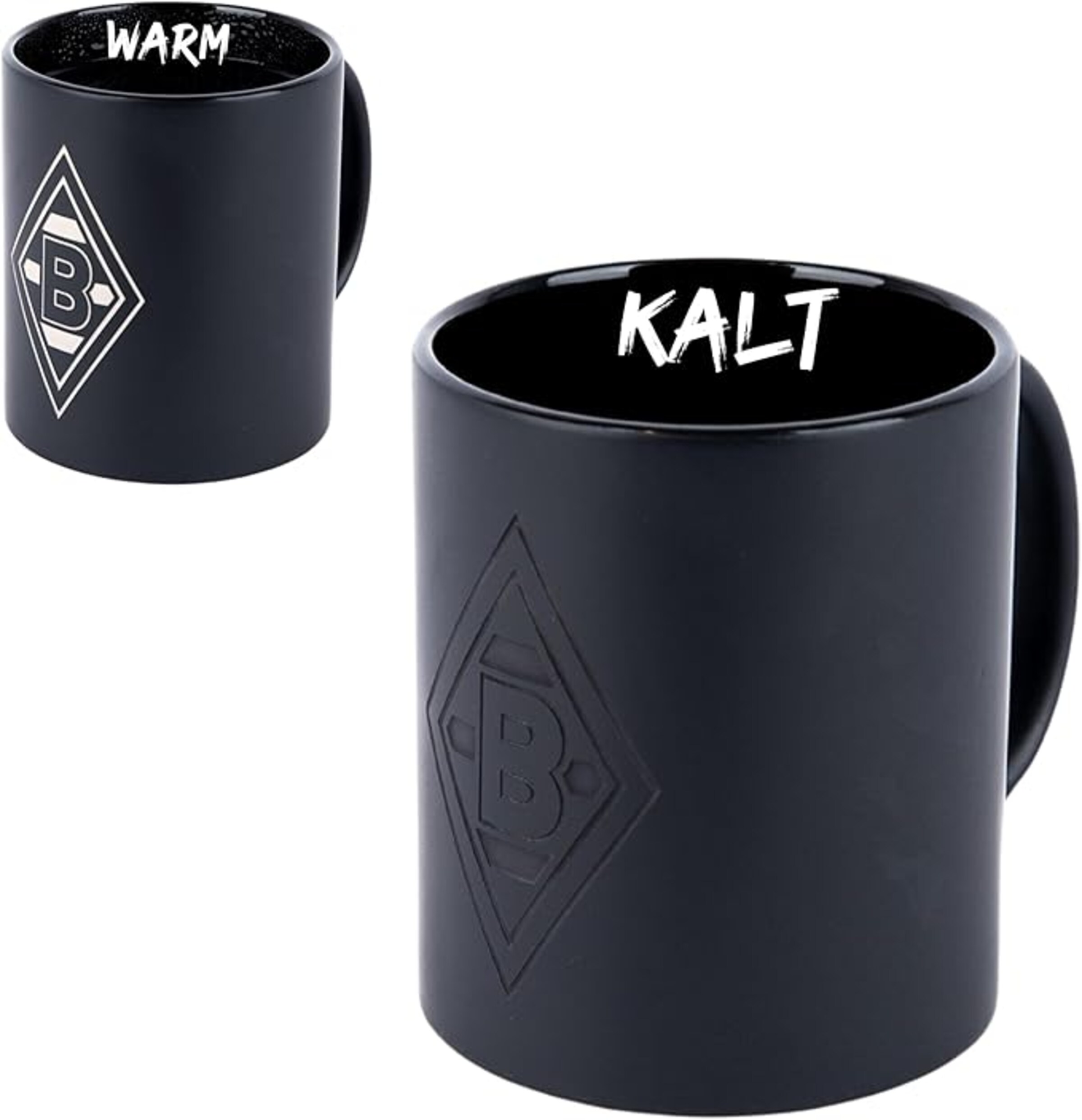 Black mug featuring Borussia Mönchengladbach logo with the words WARM and KALT.