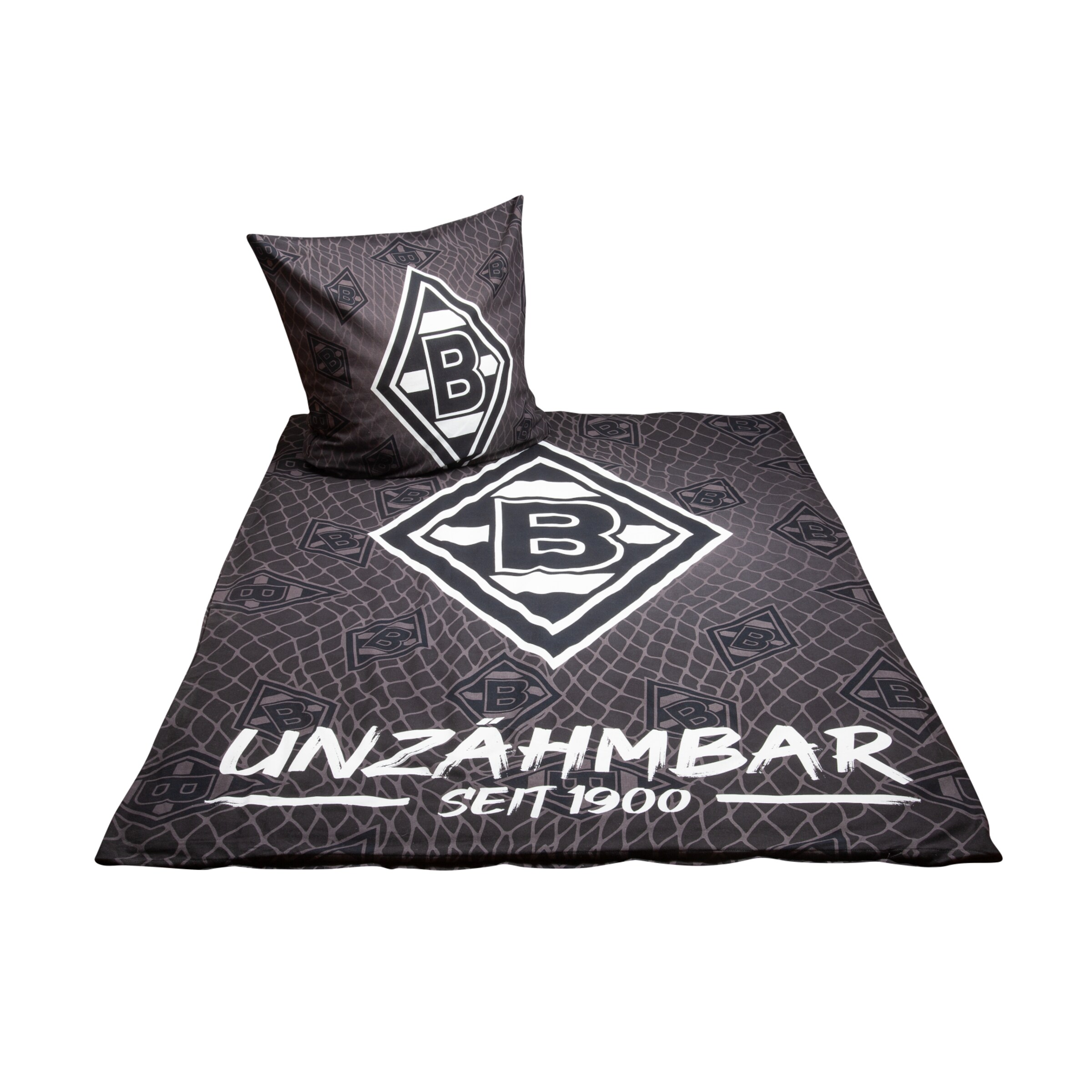 Schwarz-weißes Bettbezug-Set mit Borussia Mönchengladbach-Logo und dem Text UNZAHNMBAR und SET 1900.