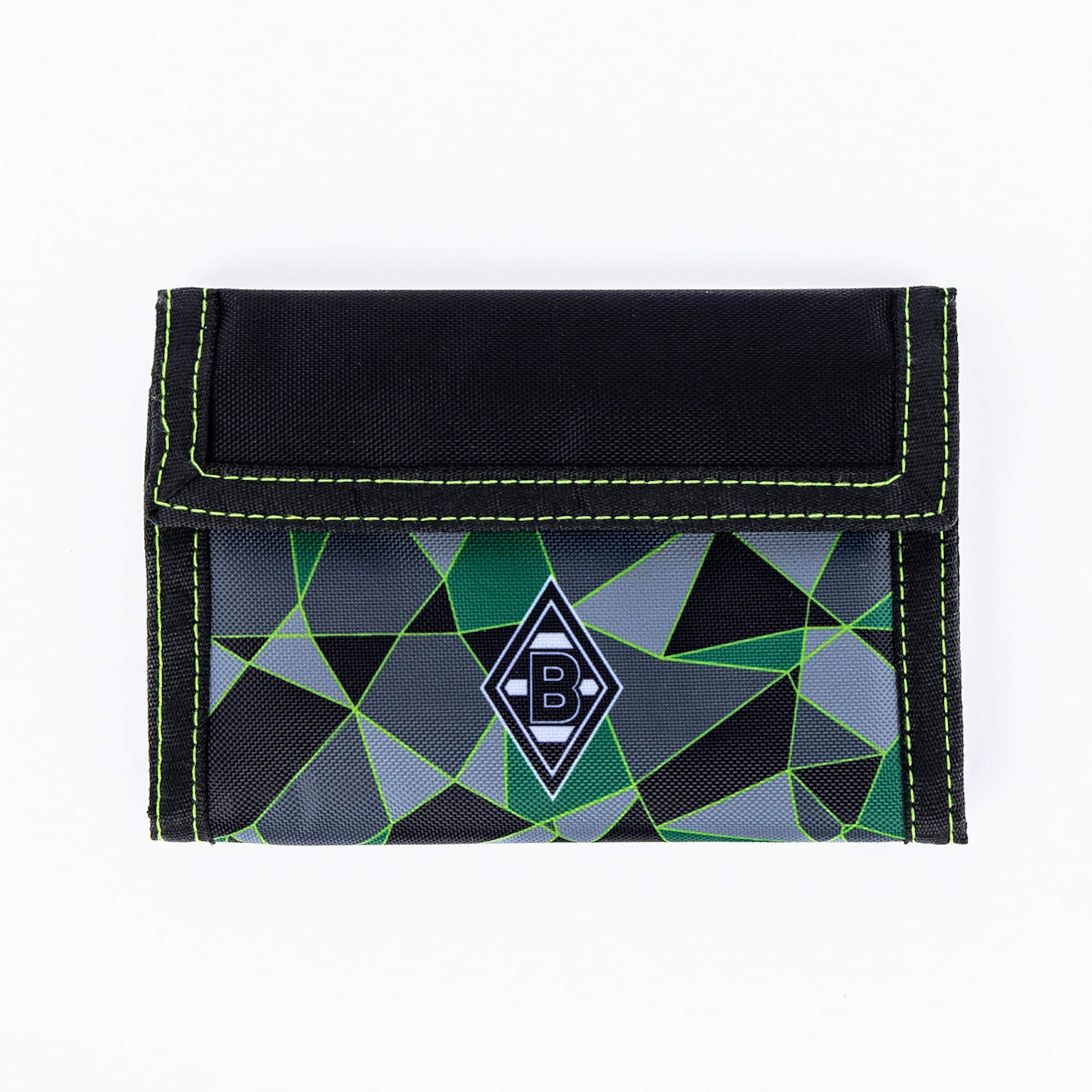 A black wallet featuring a geometric pattern in shades of grey and green, accented with neon green stitching. The white Borussia Mönchengladbach logo is prominently displayed in the center.