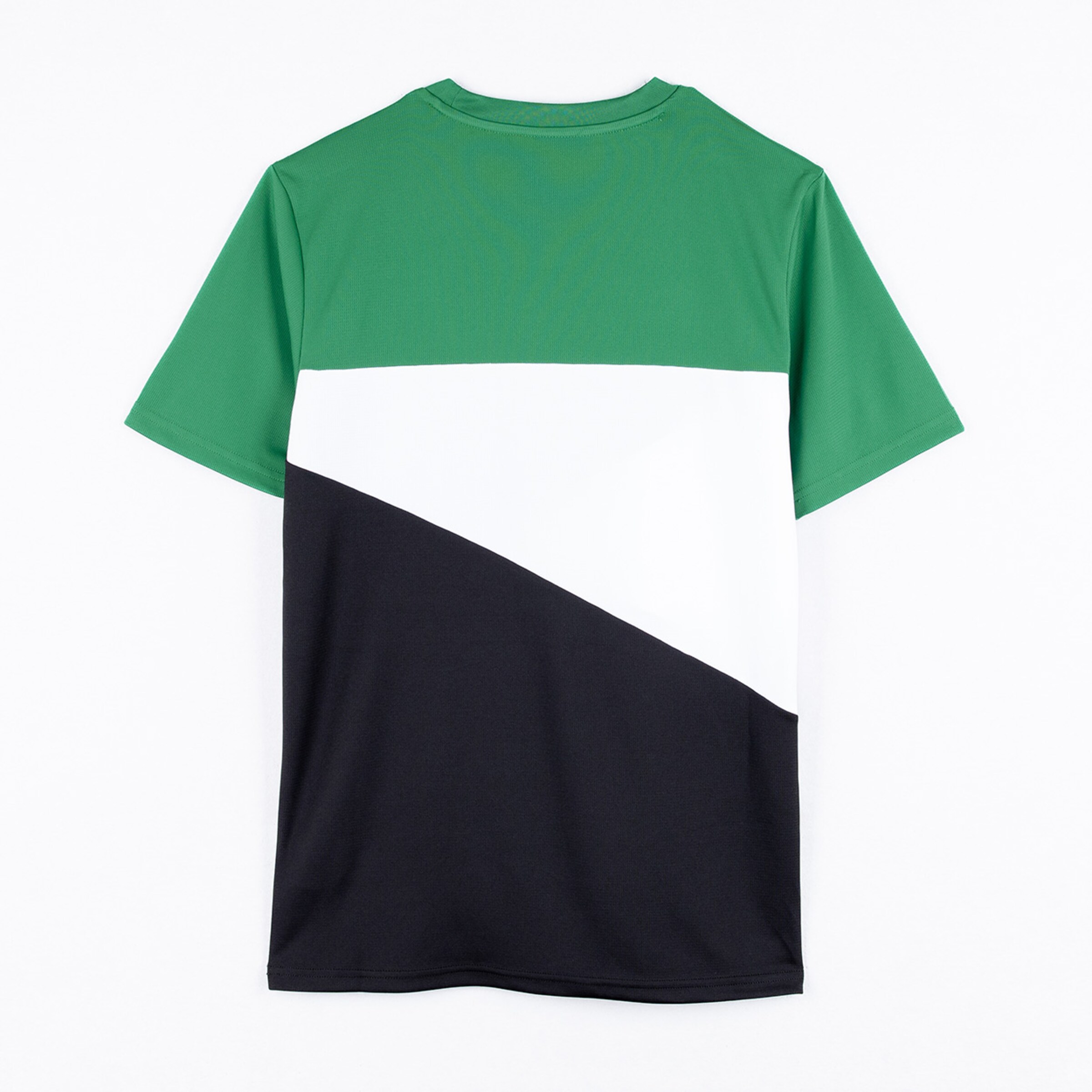 T-Shirt mit grünem weißem und schwarzem Design am Rücken.