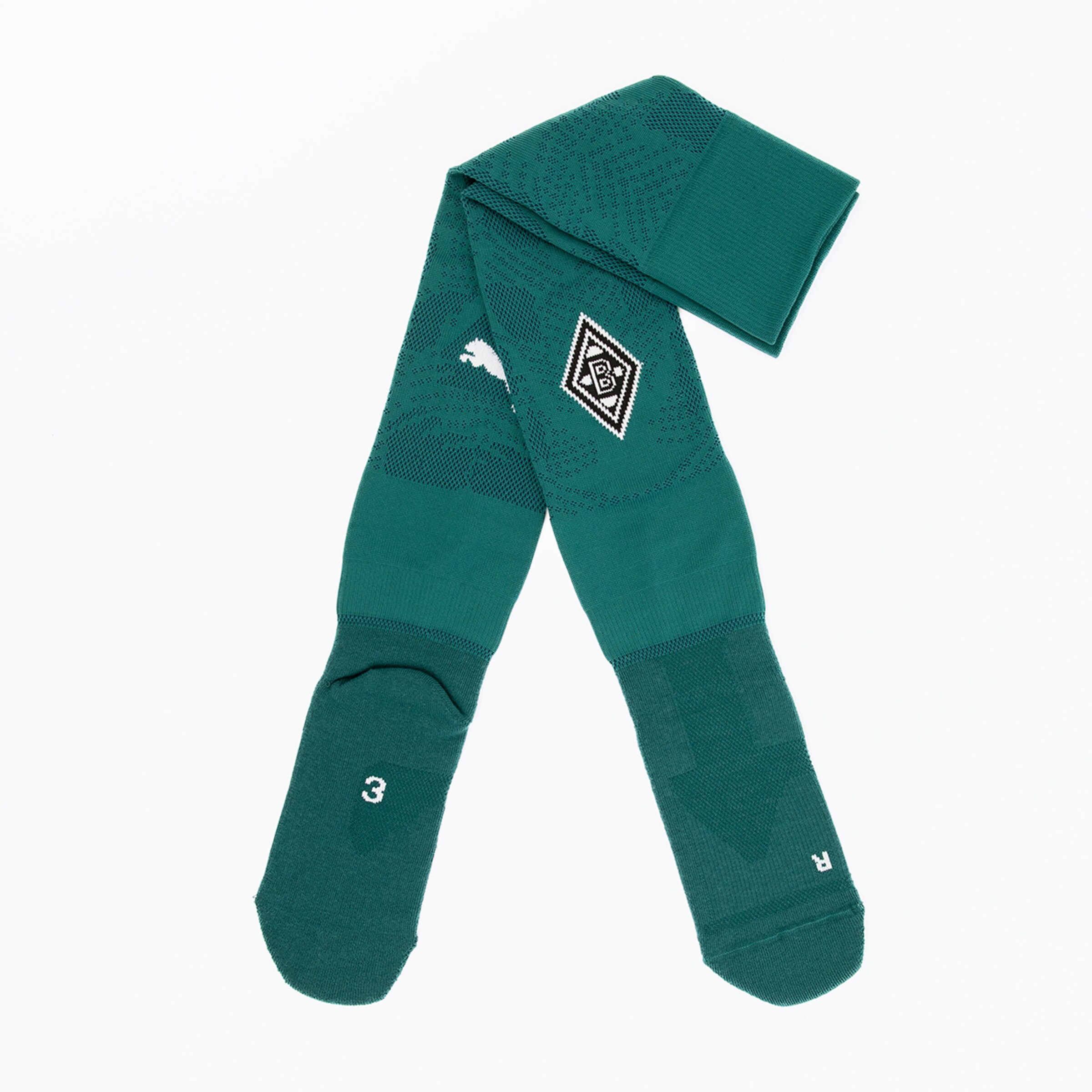 Grüne Fußballsocken mit Borussia Mönchengladbach-Logo und Nummer 3.