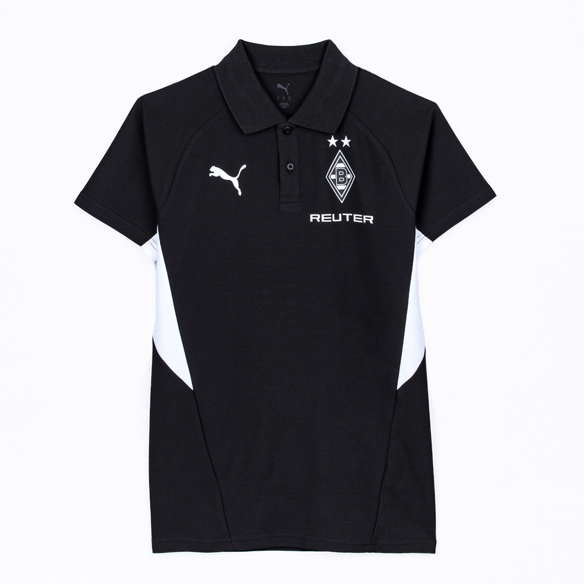 Schwarzes kurzärmeliges Puma Poloshirt mit Kragen. Es zeigt weißes Puma-Logo, Borussia Mönchengladbach Wappen (zwei Sterne) und „REUTER“-Sponsor auf der Vorderseite, mit weißen Seitenpaneelen.