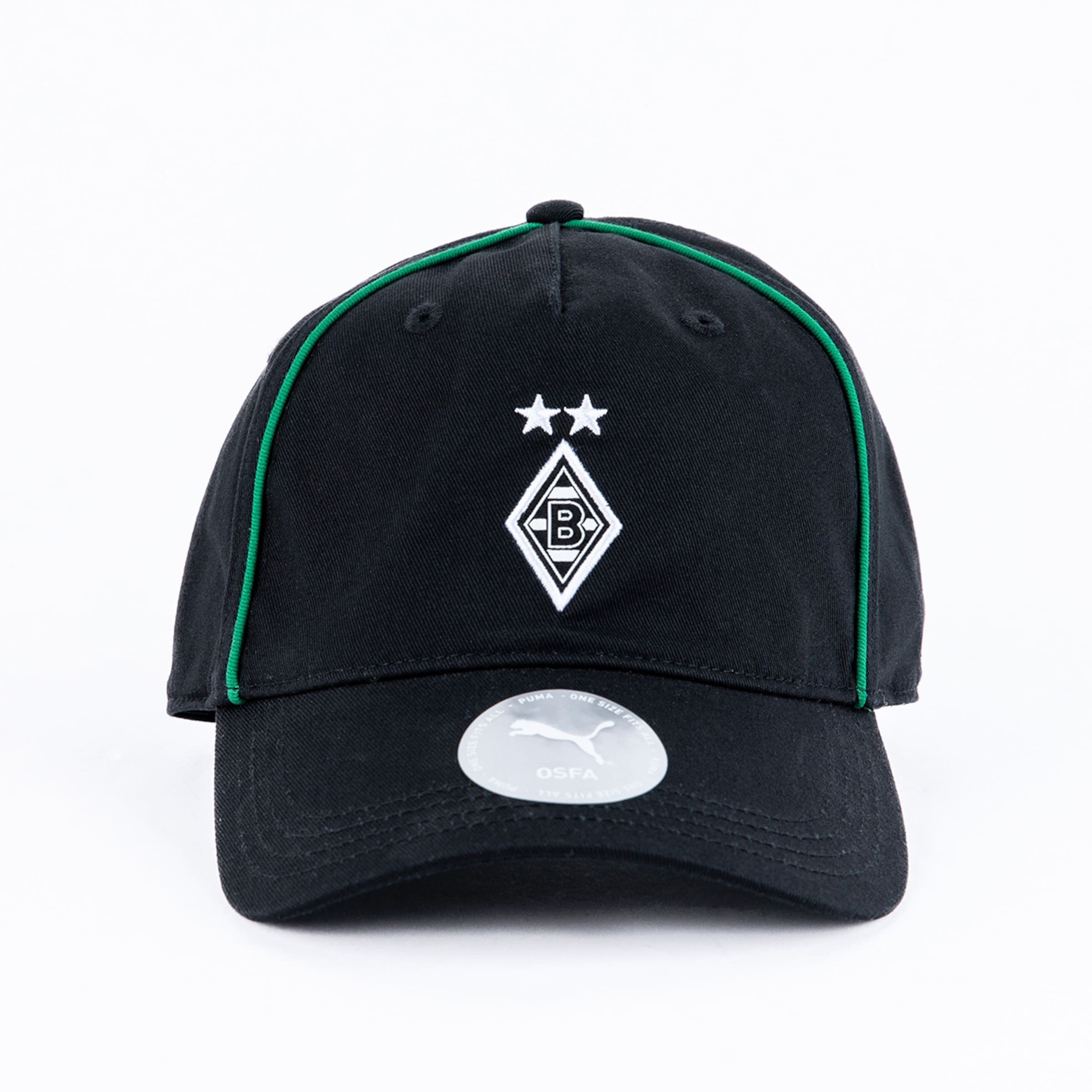 Schwarze Kappe mit grünem Rand und dem Borussia Mönchengladbach Logo.