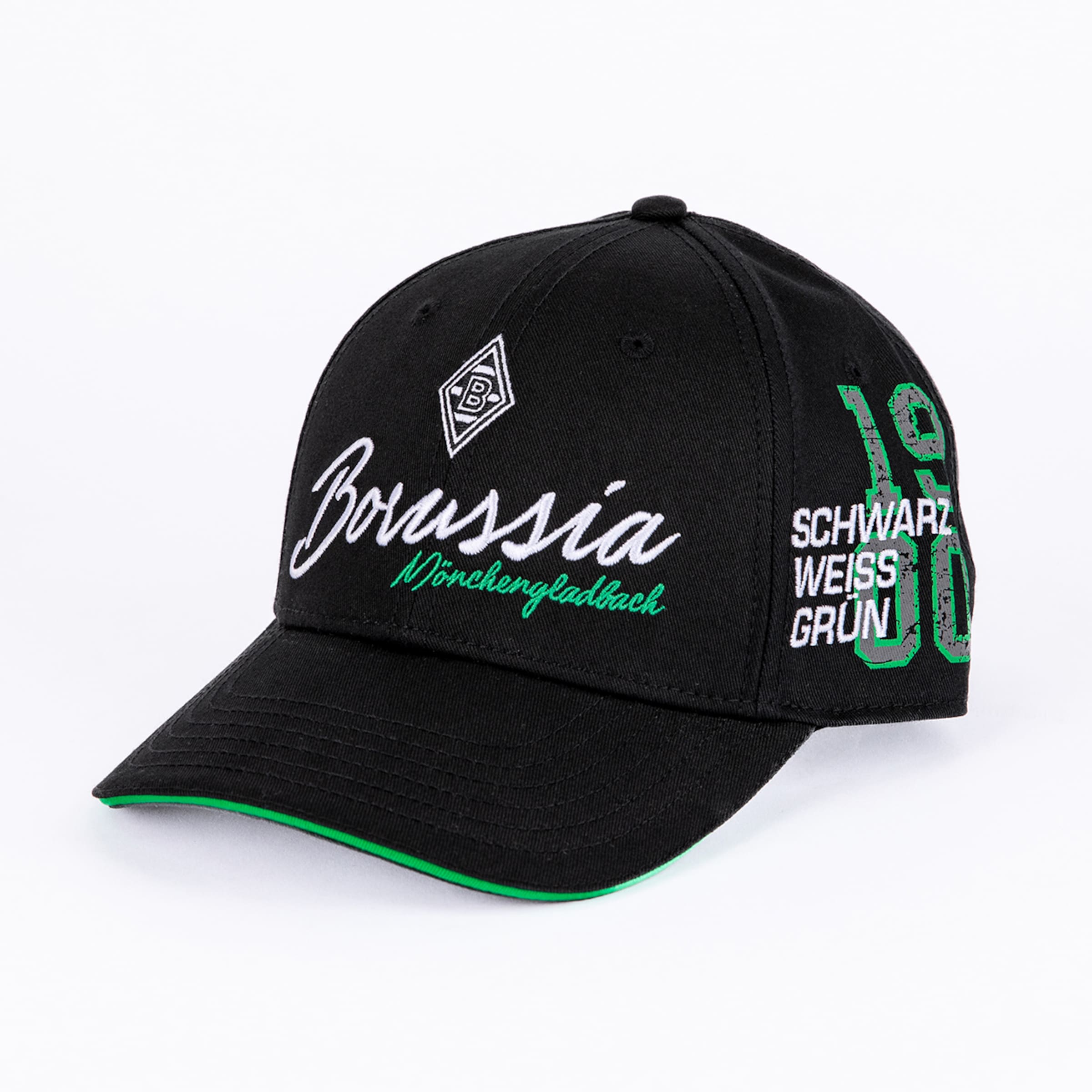 Schwarze Borussia Mönchengladbach Cap mit weißem Schriftzug, Rauten-Logo, grünem Schirmrand und dem Gründungsjahr 1900 auf der Seite.