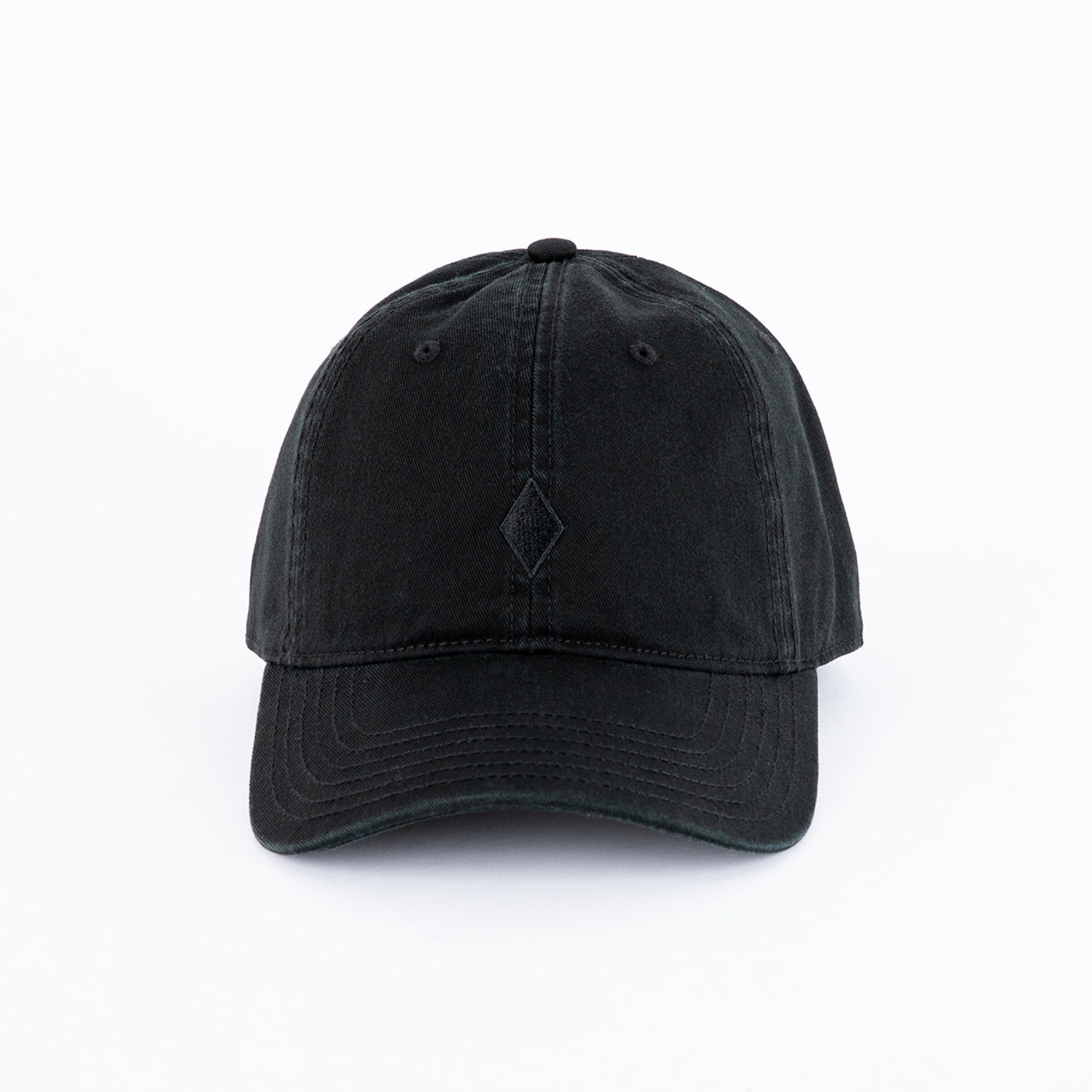 Black baseball cap with a flat brim and diamond logo.