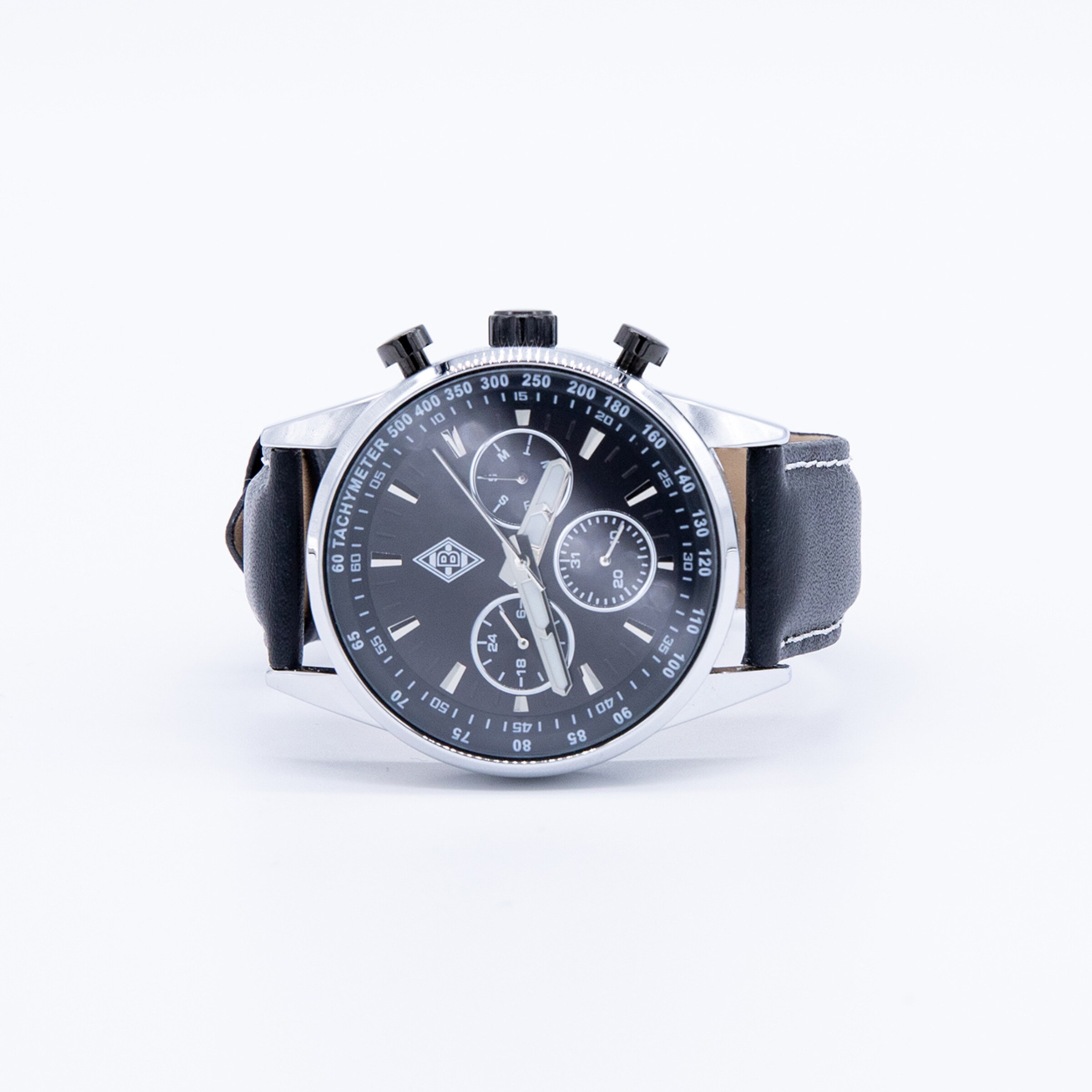 Schwarze Herren-Armbanduhr mit Chronograph und Lederarmband.