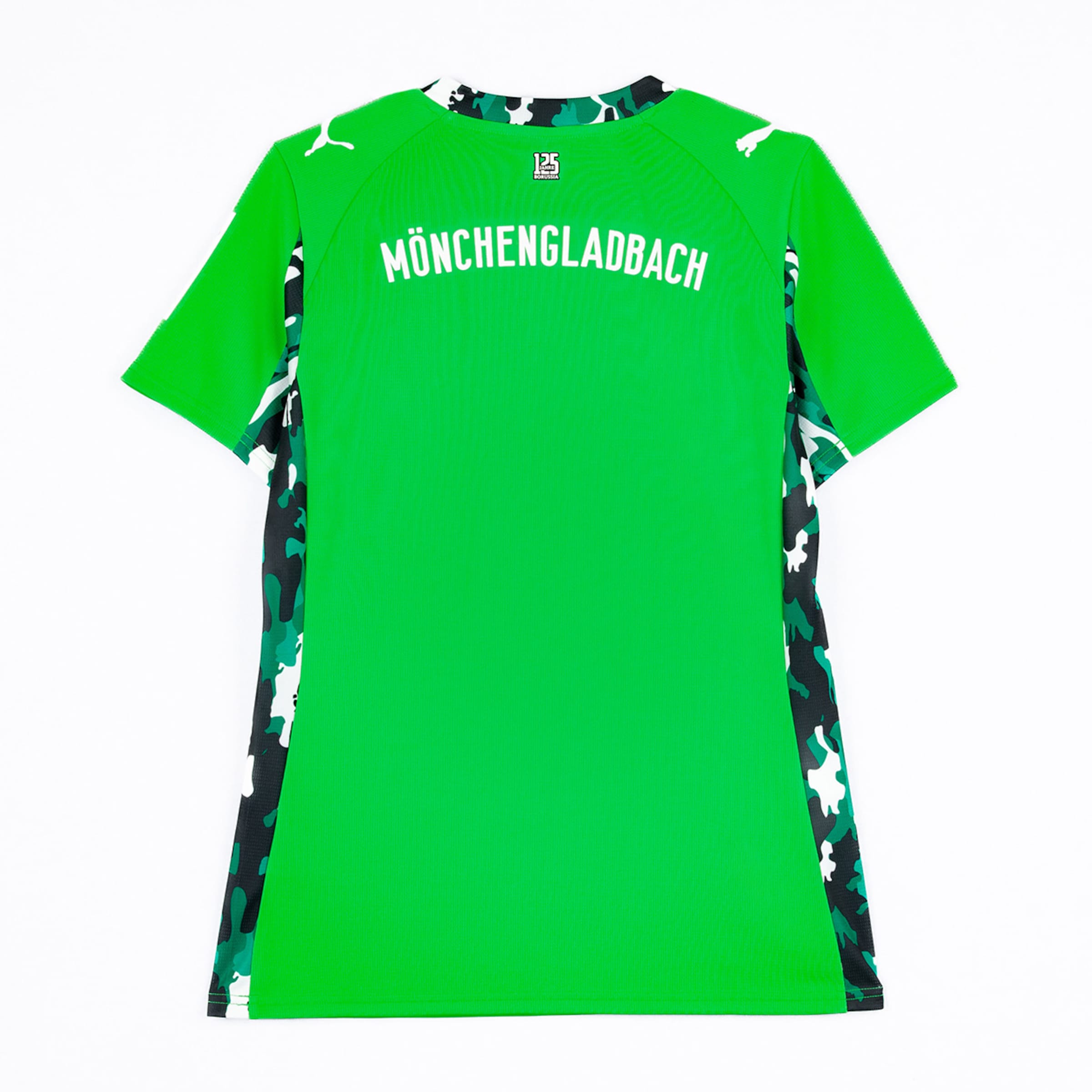 Green camouflage soccer jersey of Borussia Mönchengladbach back view featuring the logo.