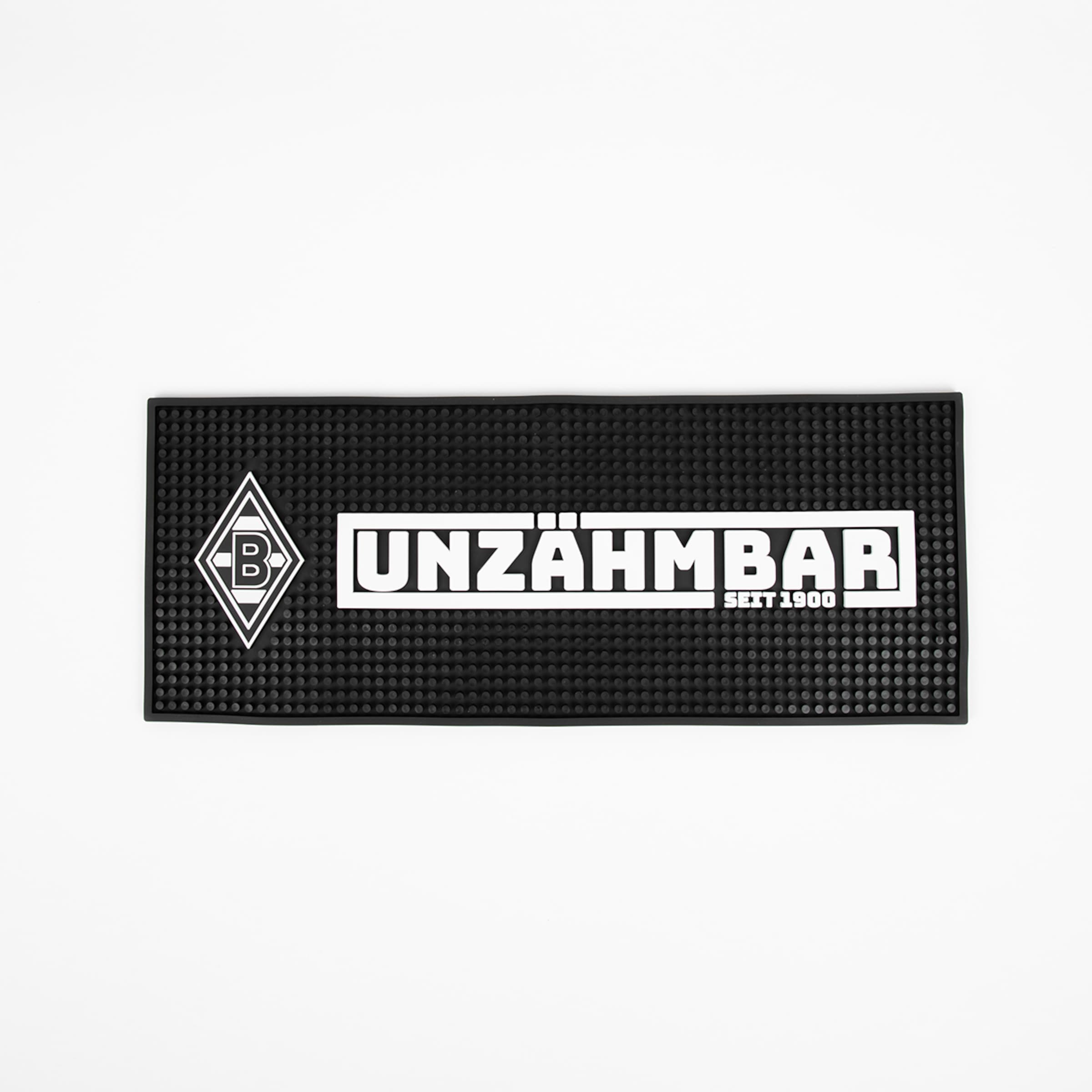 Schwarze Fußmatte mit dem Schriftzug UNZÄHMBAR SEIT 1900 und Borussia Mönchengladbach-Logo.