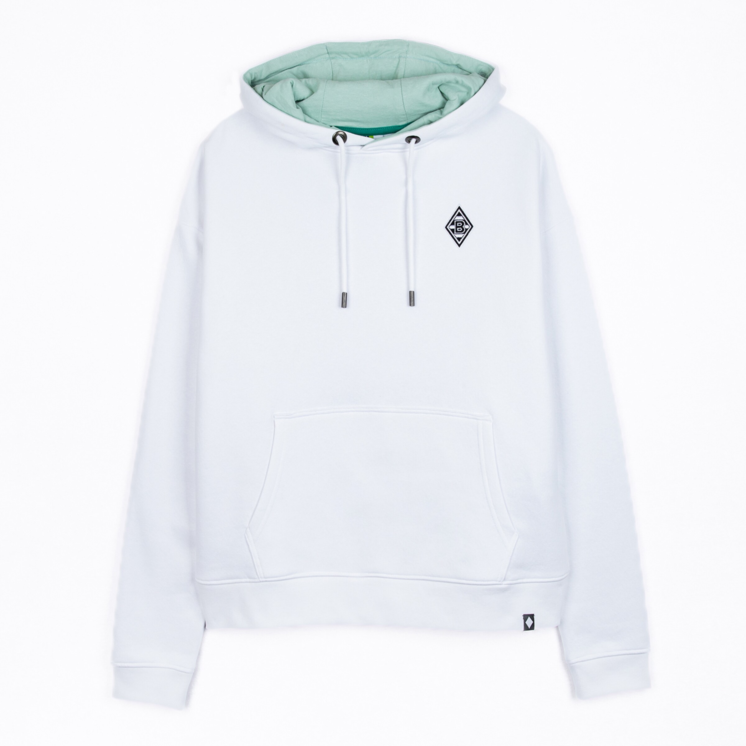 Weiße Kapuzenjacke mit hellgrünem Innenfutter und Logo von Borussia Mönchengladbach.