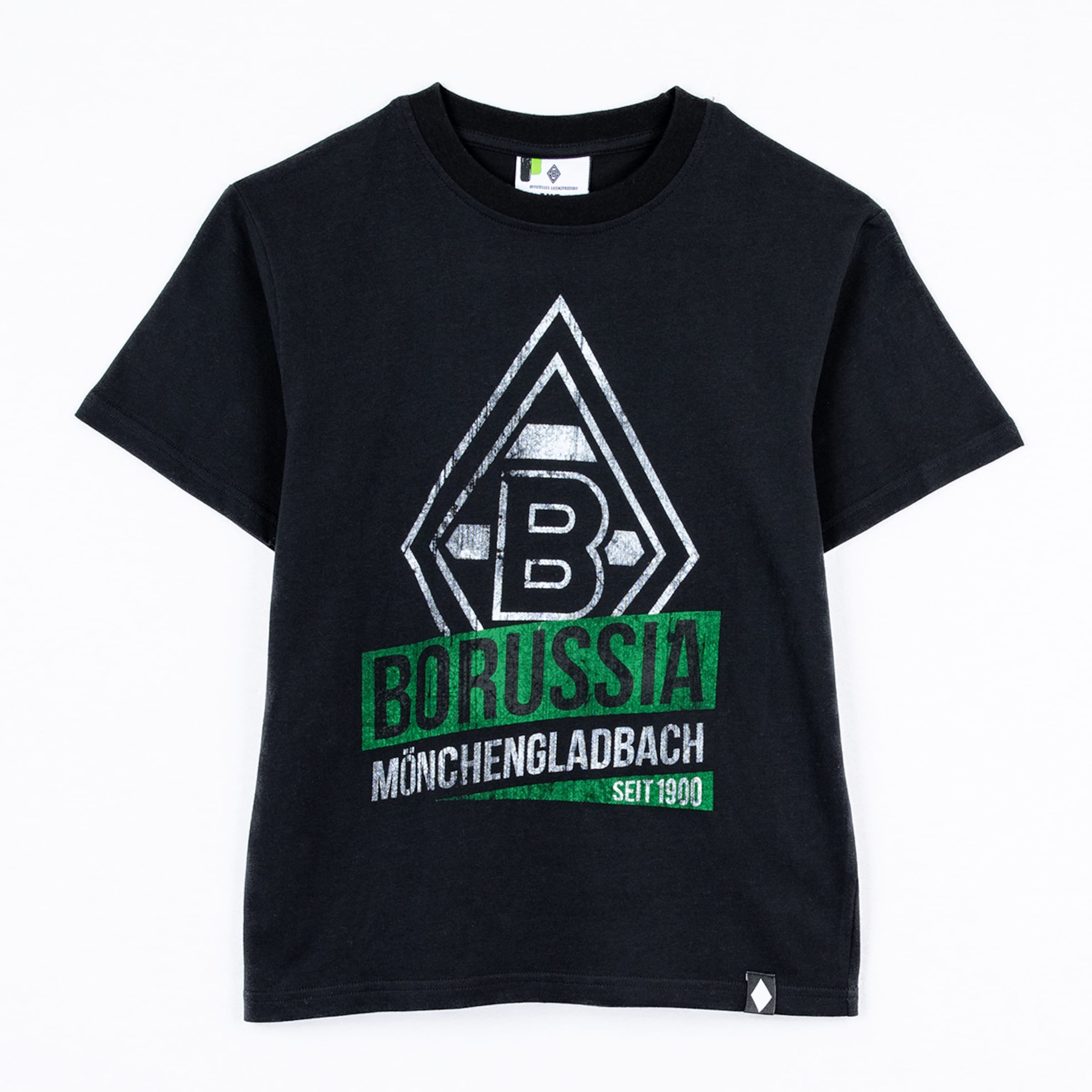 Schwarzes T-Shirt mit dem Aufdruck BORUSSIA MÖNCHENGLADBACH SEIT 1900 und einem Diamant-Logo.