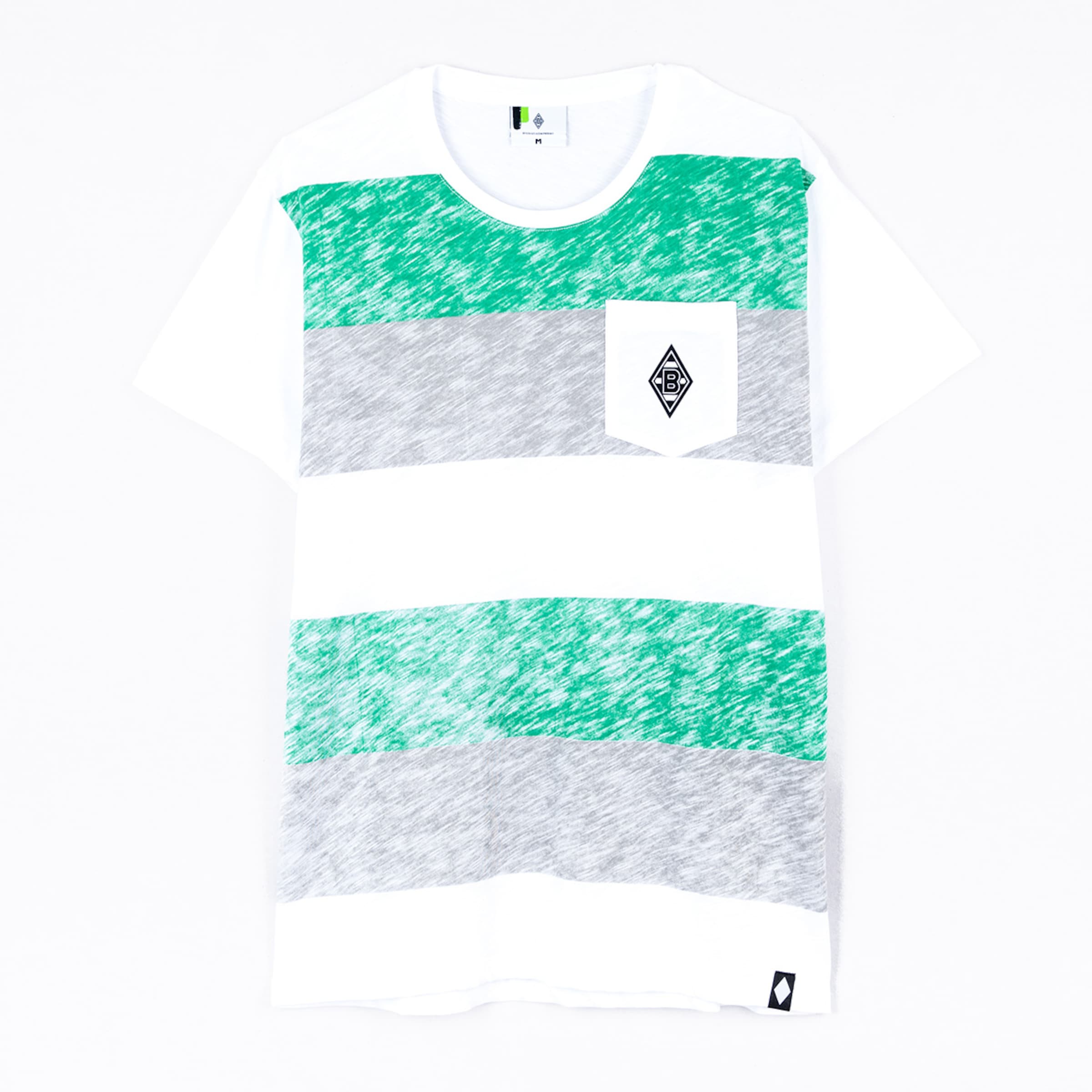 Weißes T-Shirt mit grün-grau melierten Querstreifen und einer Brusttasche, die das Borussia Mönchengladbach Logo zeigt.