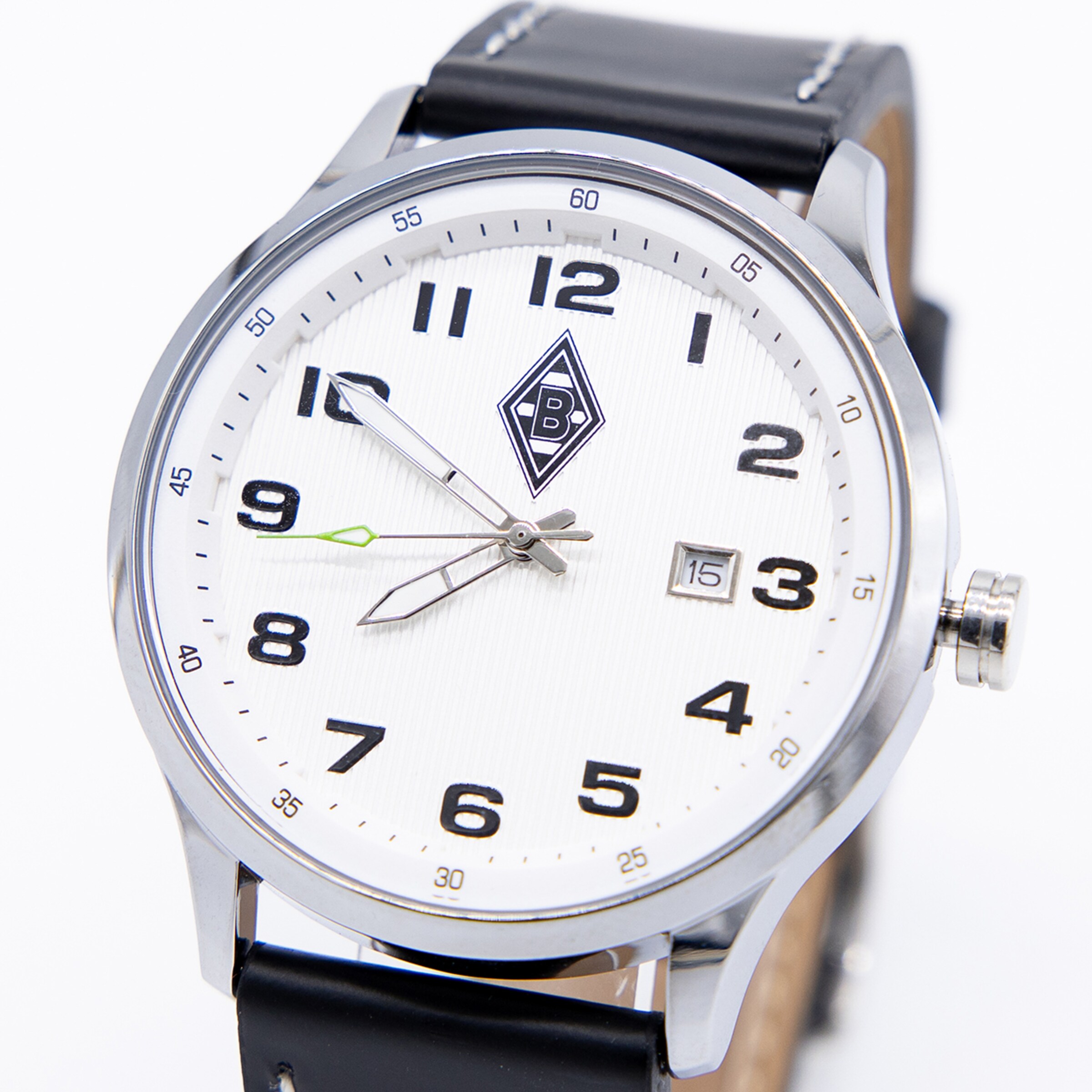 Armbanduhr mit Borussia-Mönchengladbach-Logo auf weißem Zifferblatt, silbernem Gehäuse, schwarzem Lederband und Datumsanzeige.