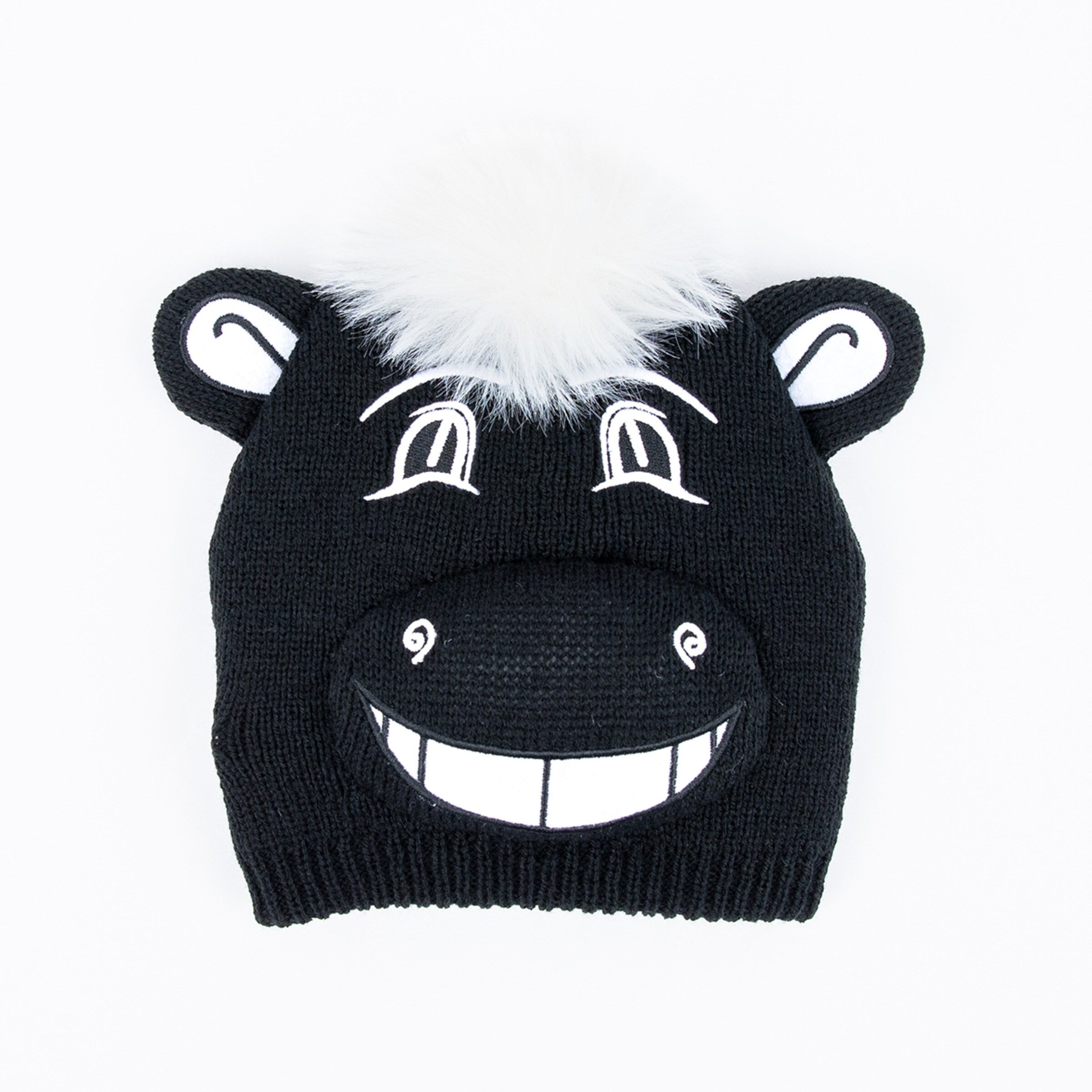 Schwarze Mütze mit einem lächelnden Gesicht und Ohren dekoriert mit einer weißen Bommel.