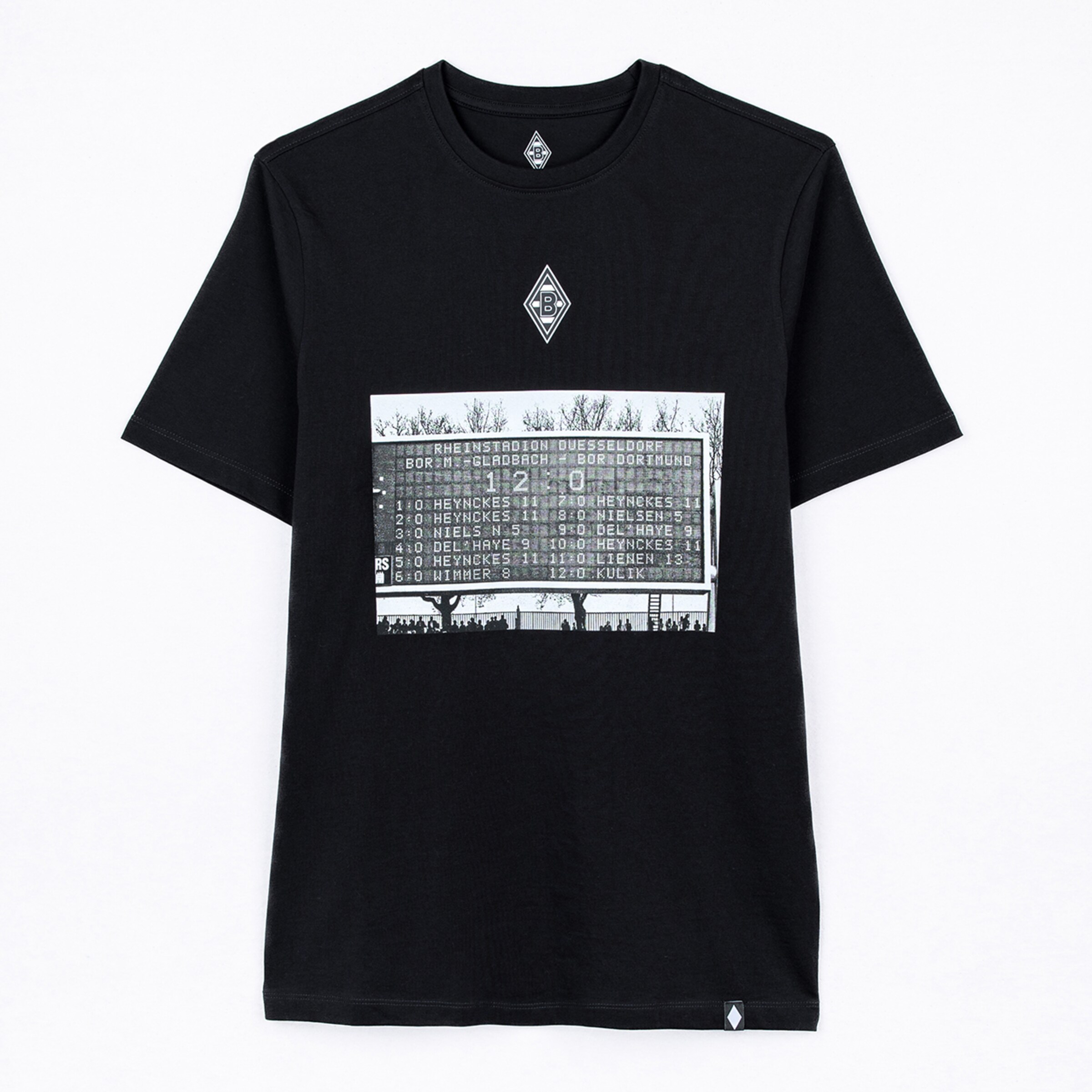 Black T-shirt with Gladbach logo and historic 12-0 scoreboard against Dortmund at the Düsseldorf Rheinstadion.