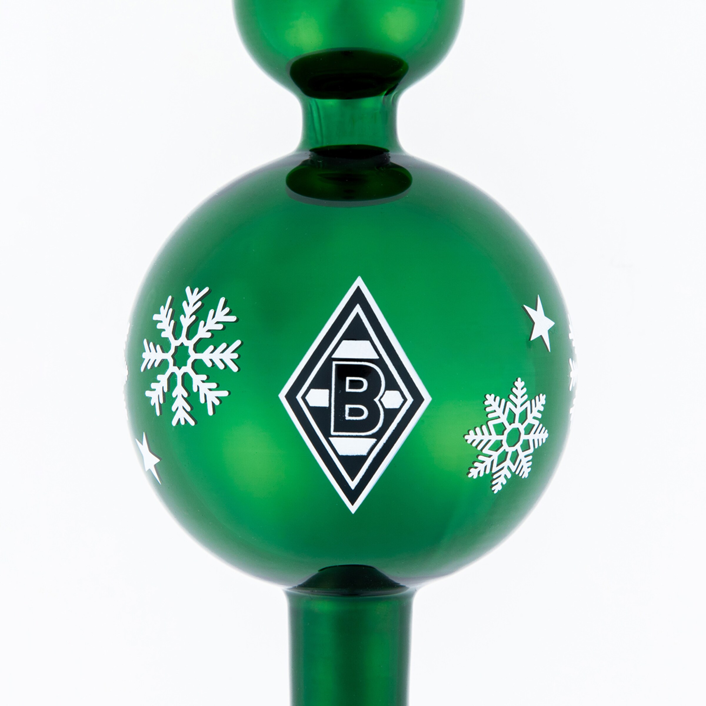 Green Christmas tree ornament featuring Borussia Mönchengladbach logo and snowflakes.