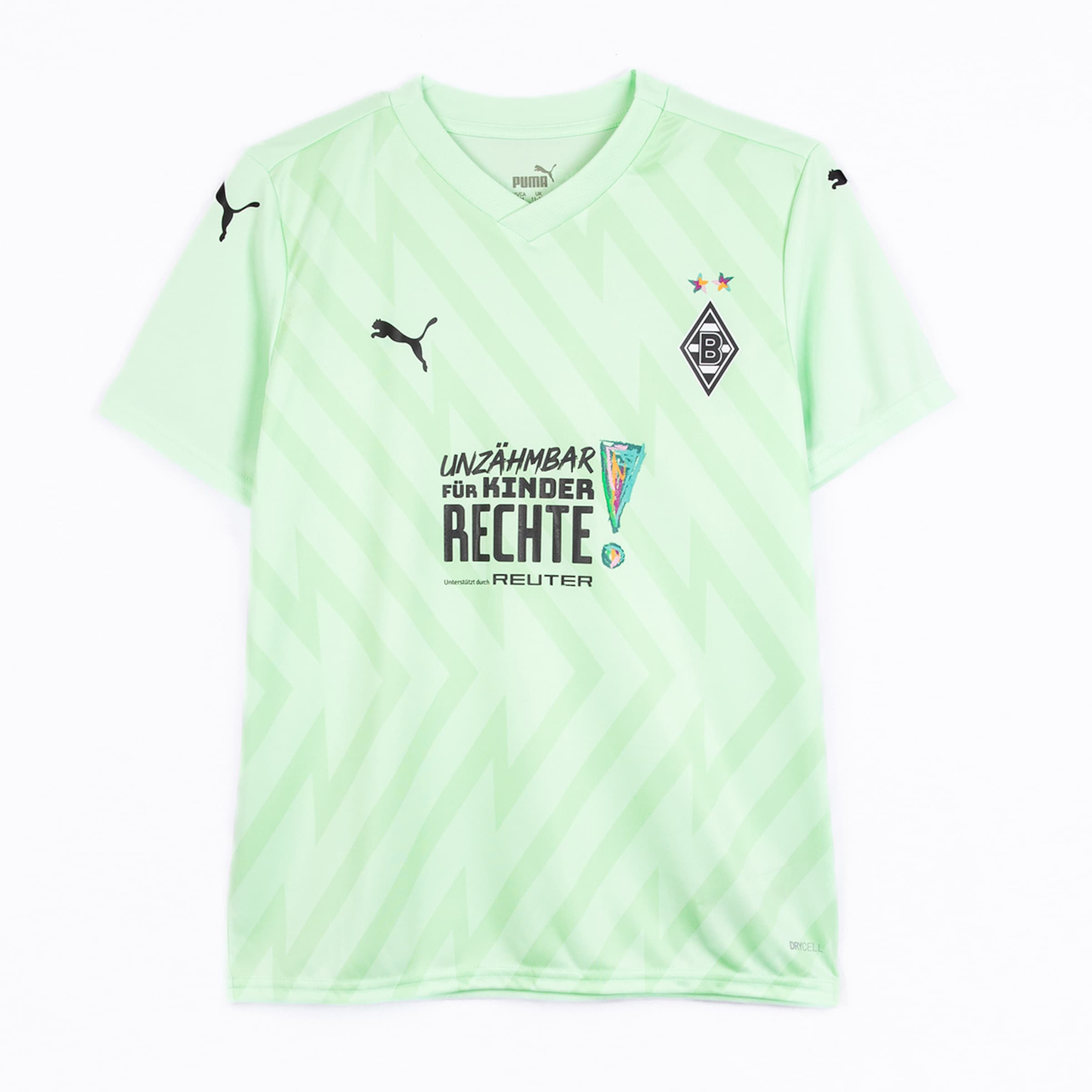 Mintgrünes Puma-Trikot von Borussia Mönchengladbach mit dem Slogan „UNZÄHMBAR FÜR KINDERRECHTE!“ und dezentem Zickzack-Muster.