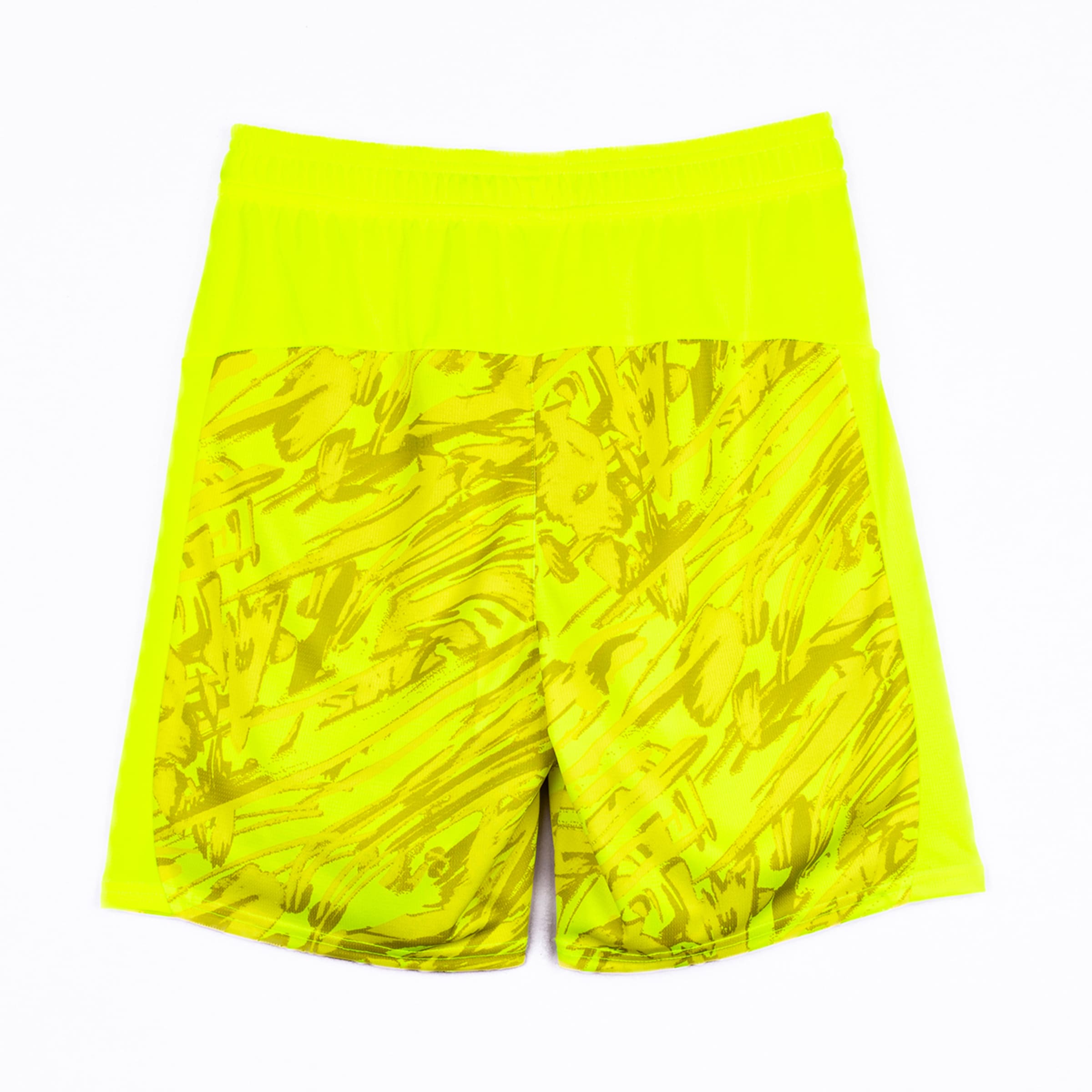 Bright yellow sports shorts with an abstract pattern.