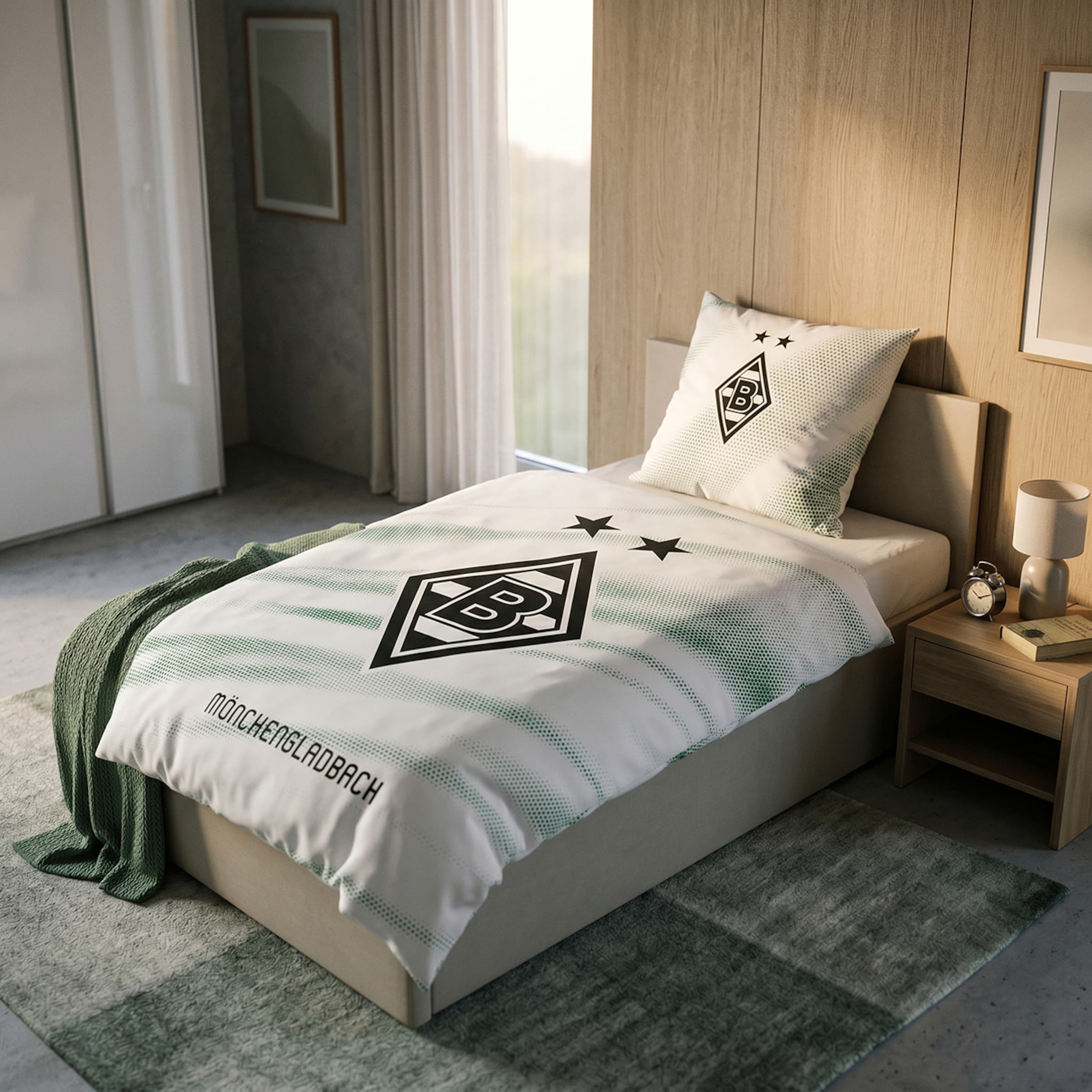 Modern bedroom featuring Borussia Mönchengladbach fan bedding, green accents, wooden wall panels, and a nightstand with a lamp.