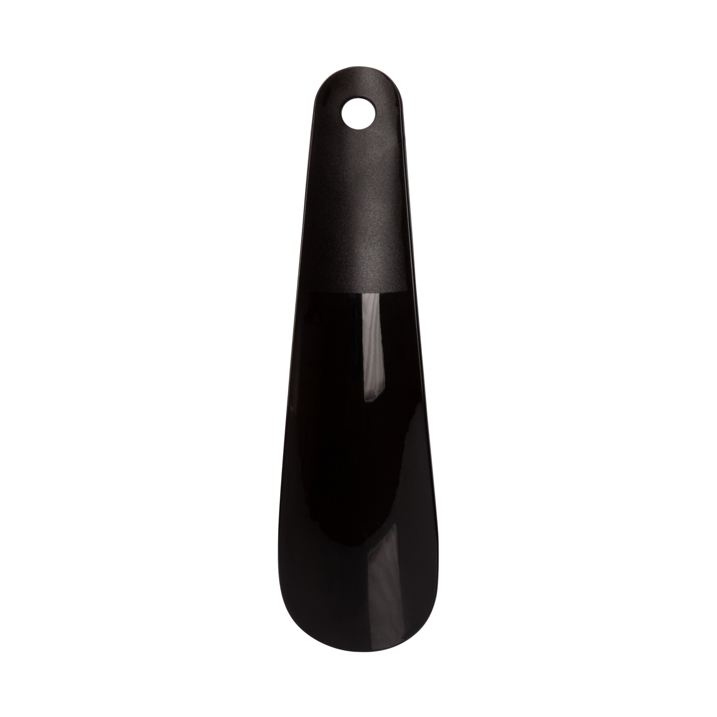 Black plastic shoehorn with a long smooth edge