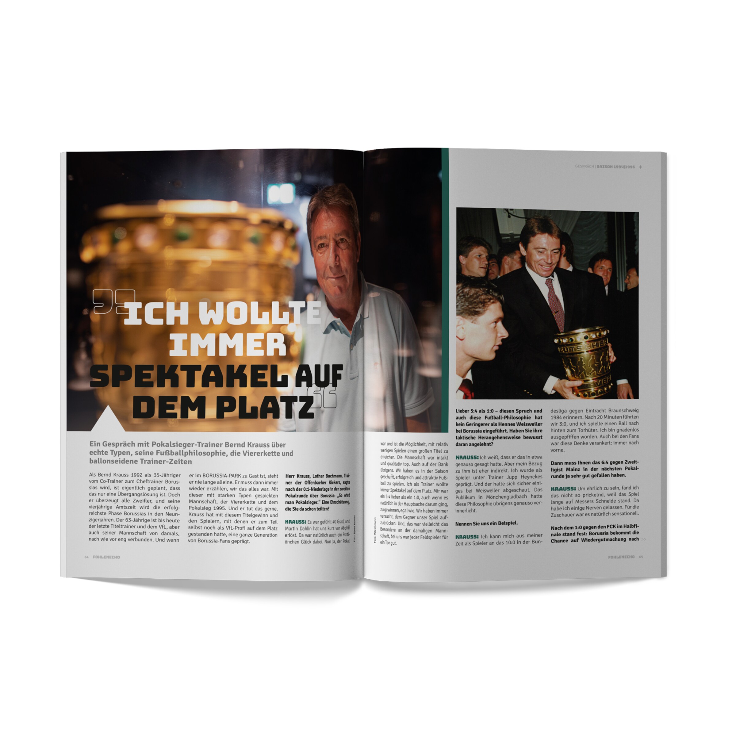 Article about coach Bernd Kraus with a quote about spectacle in football.