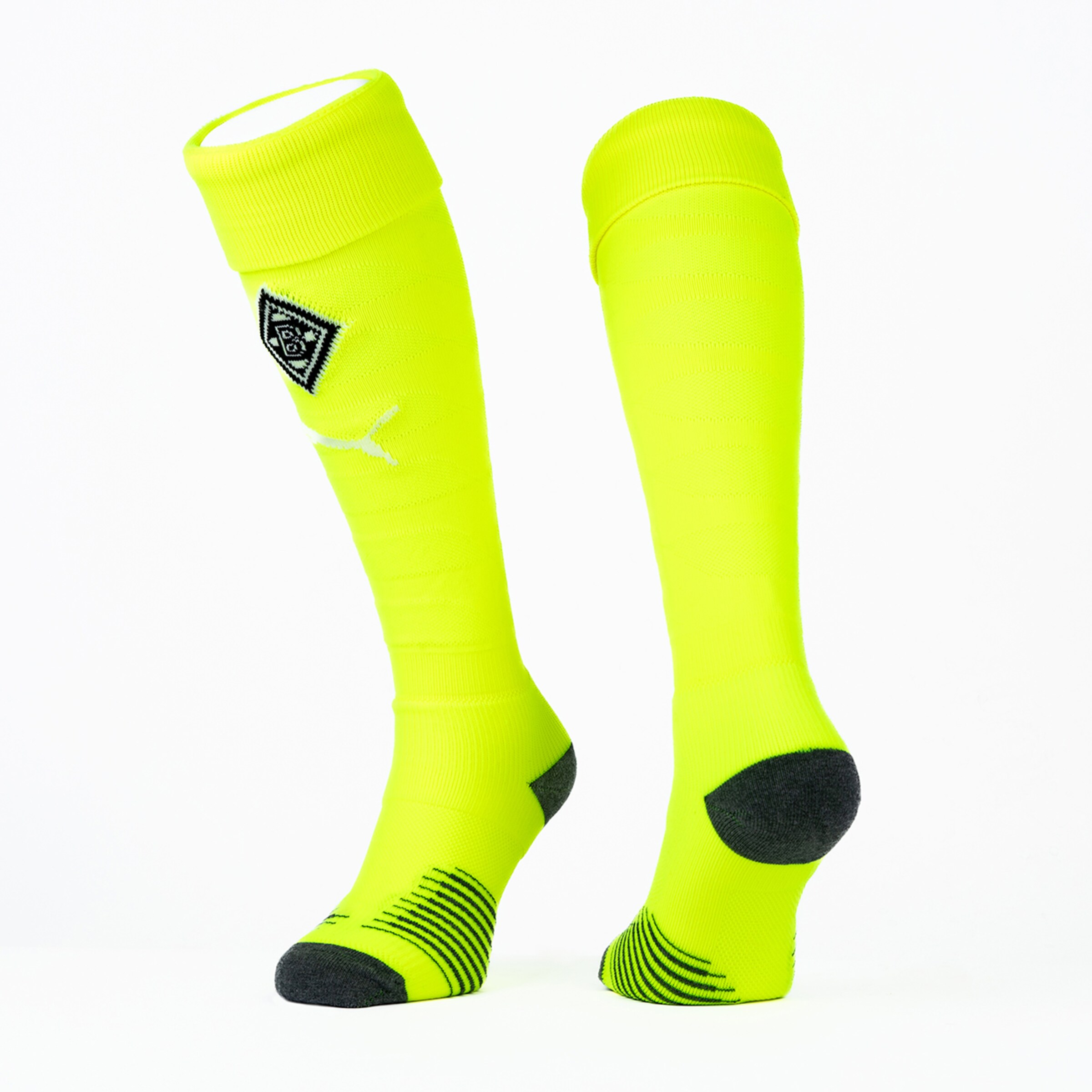 Neon yellow soccer socks with gray heel and Borussia Mönchengladbach logo.