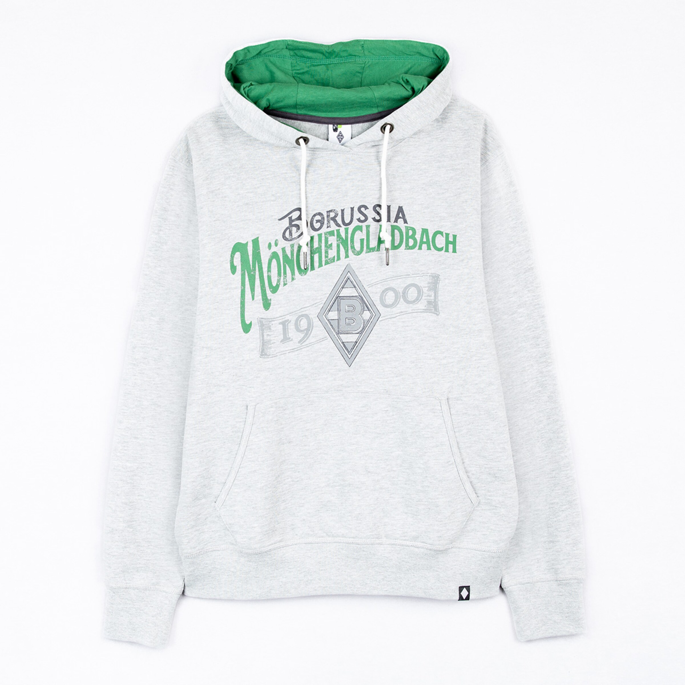 Grauer Borussia Mönchengladbach Hoodie mit grünem Kapuzenfutter, großem Logo-Print auf der Brust und Kängurutasche.