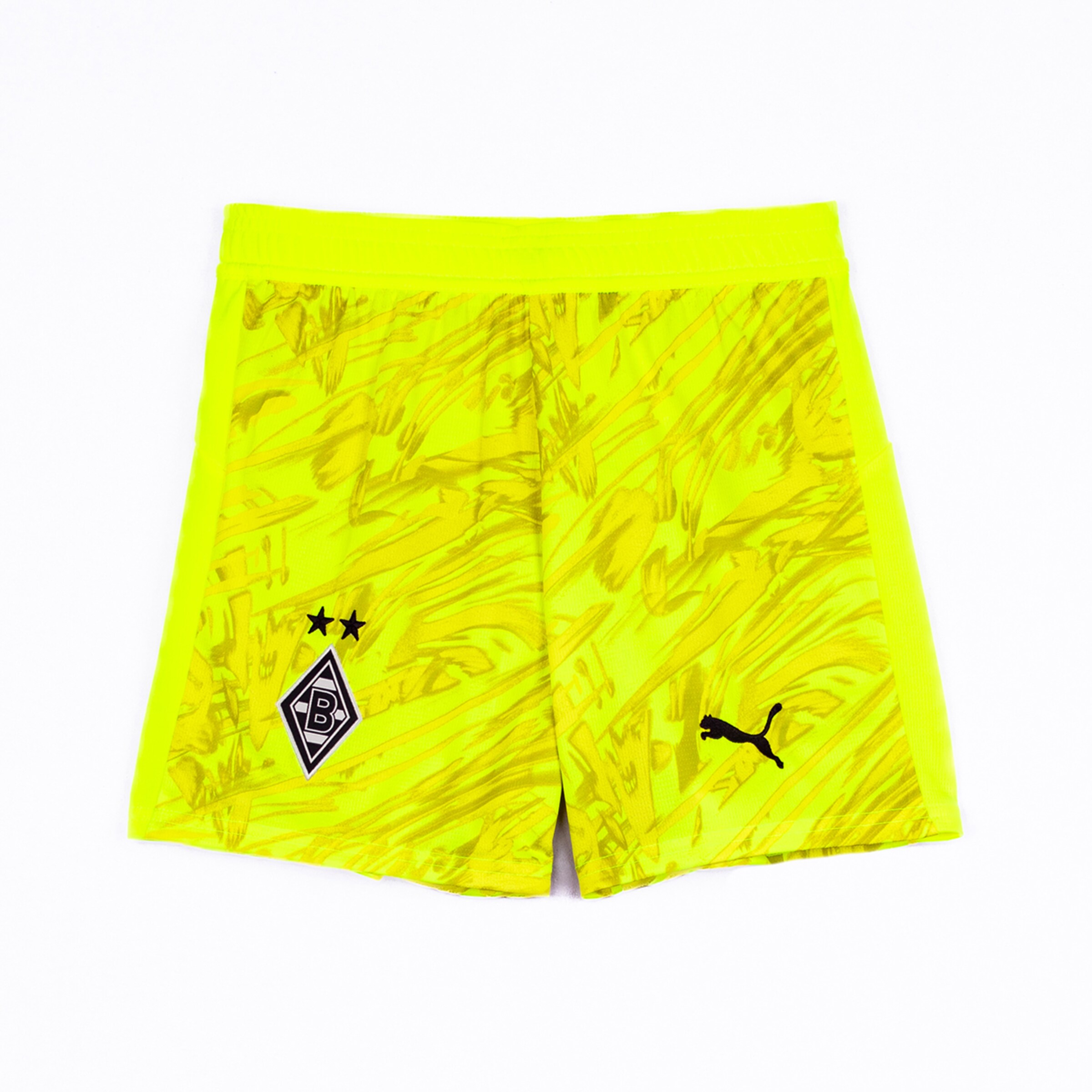 Neon-gelbe Torwartshorts mit Puma-Logo und Borussia Mönchengladbach-Emblem.