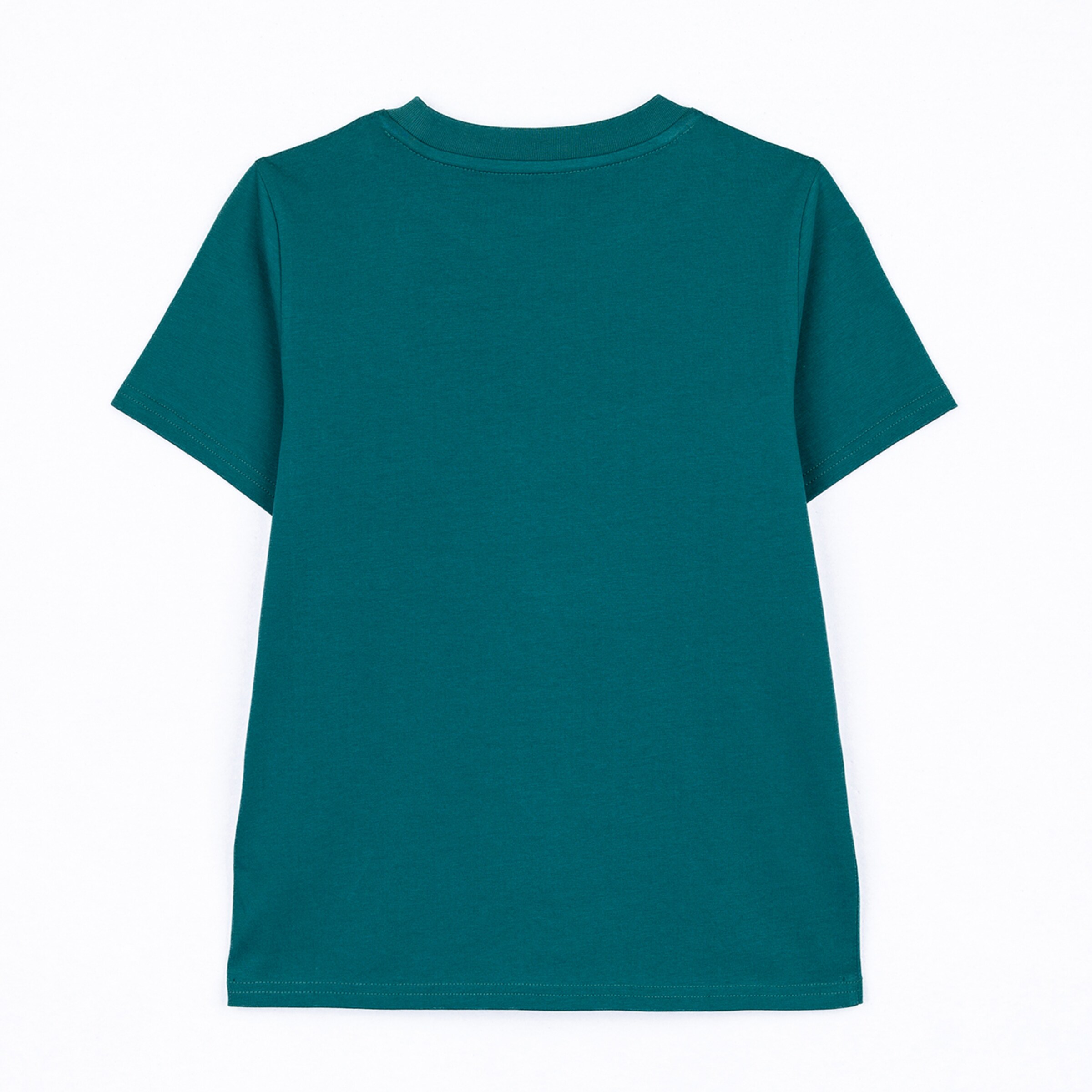 Rückenansicht eines schlichten, petrolfarbenen Kurzarm-T-Shirts, ordentlich gefaltet auf weißem Hintergrund präsentiert.