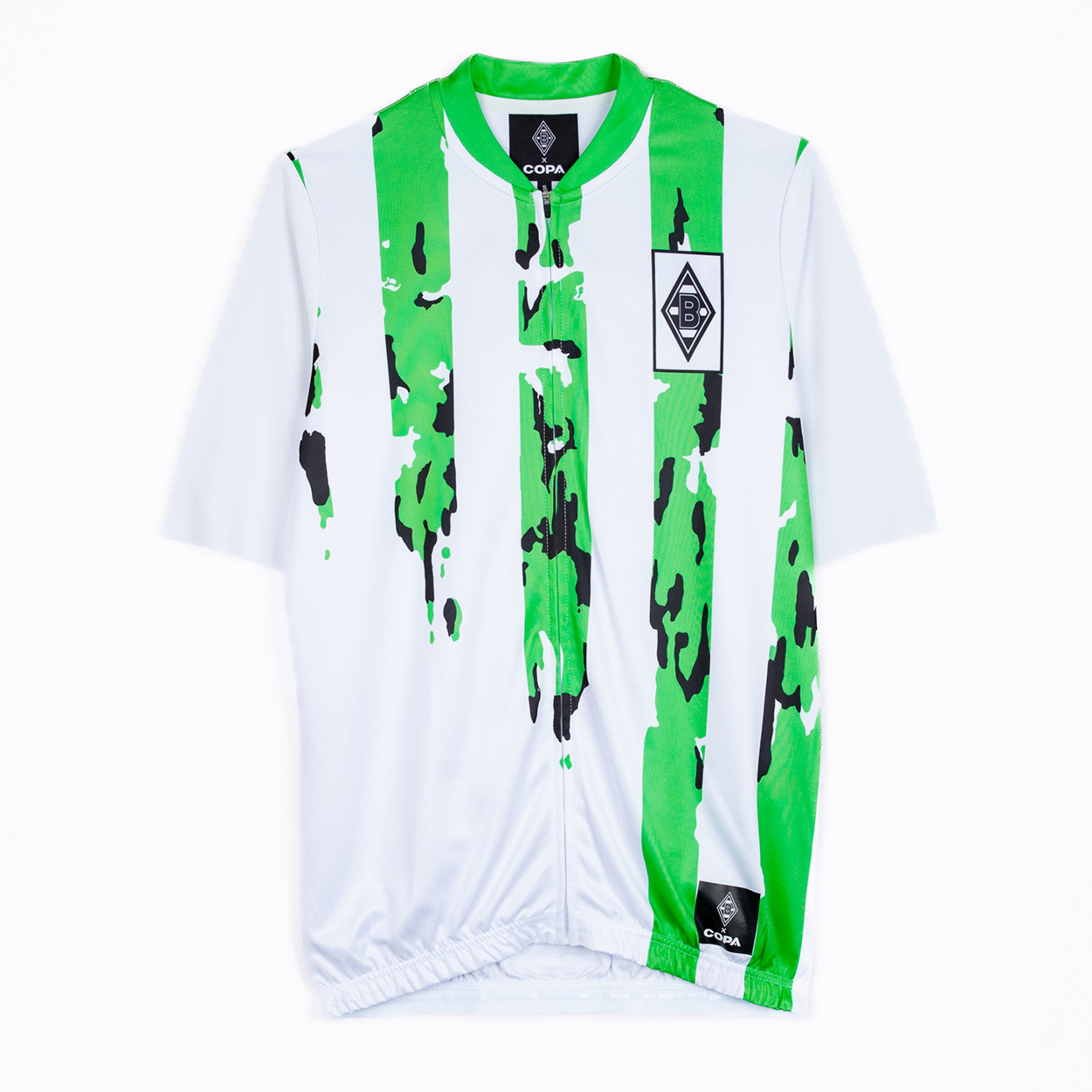 Borussia Mönchengladbach jersey in white with green and black patterns.
