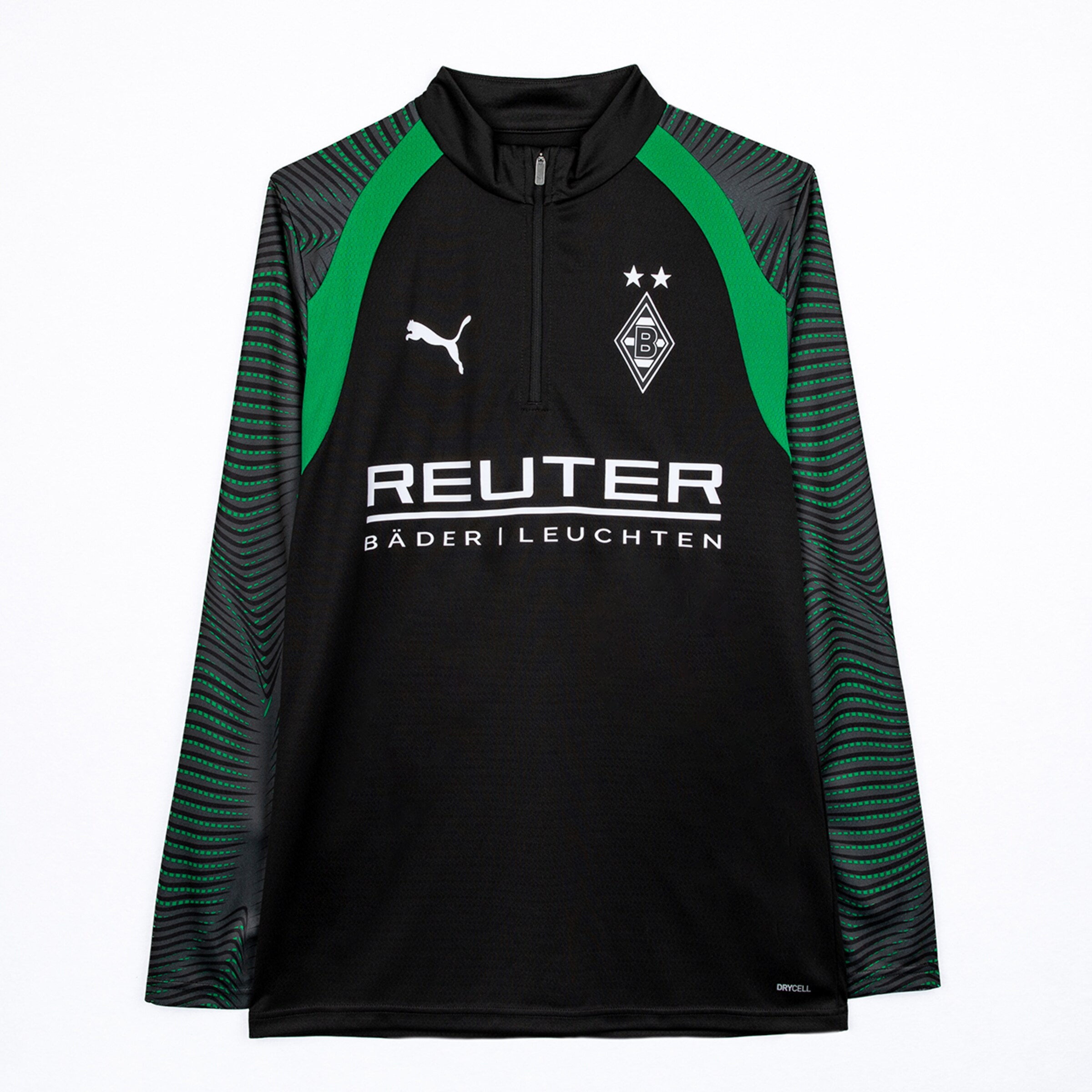Black long-sleeved Borussia Mönchengladbach training top with green and grey patterned sleeves, quarter-zip, Puma logo, club badge with two stars, and REUTER BÄDER | LEUCHTEN sponsor.