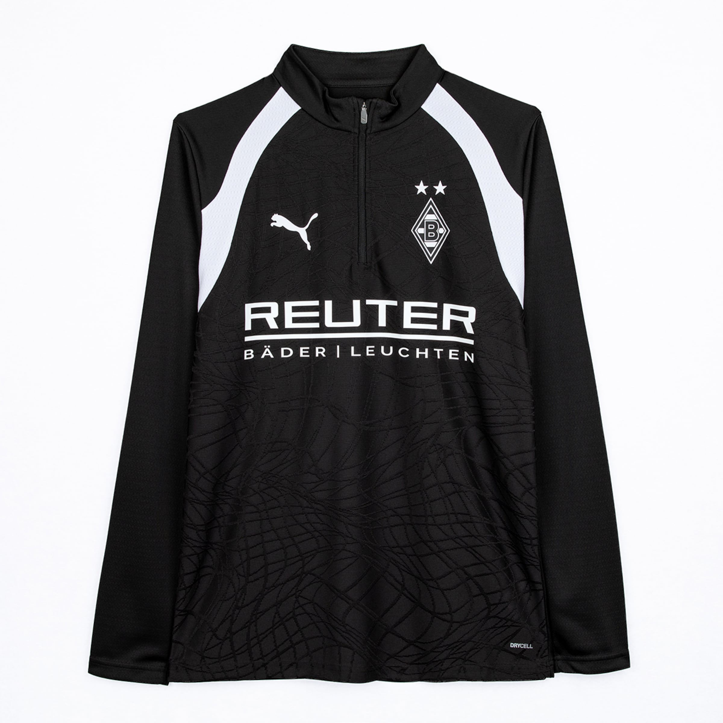 Black long-sleeved football training top with a quarter-zip, white shoulder panels, Puma logo, Borussia Mönchengladbach crest with two stars, and 'REUTER' sponsor on the chest.