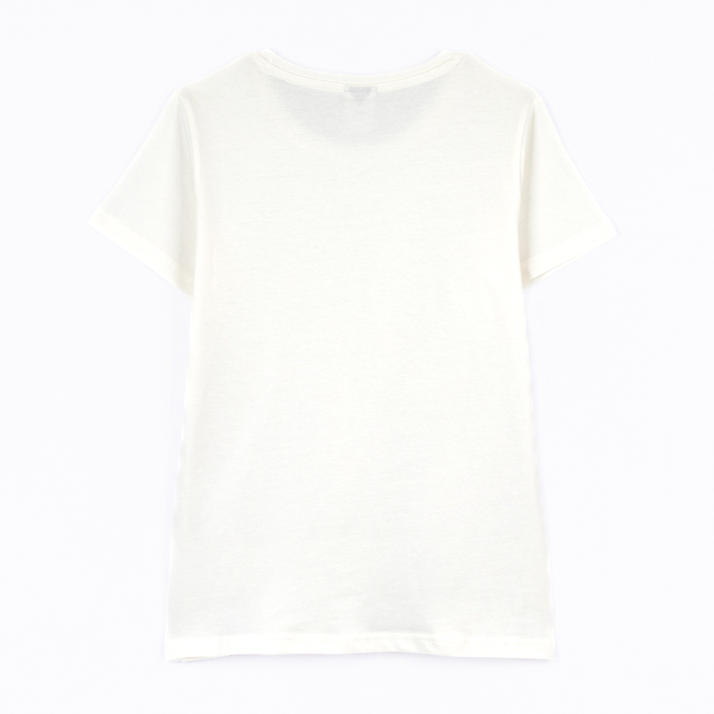 White t-shirt with short sleeves and round neckline.
