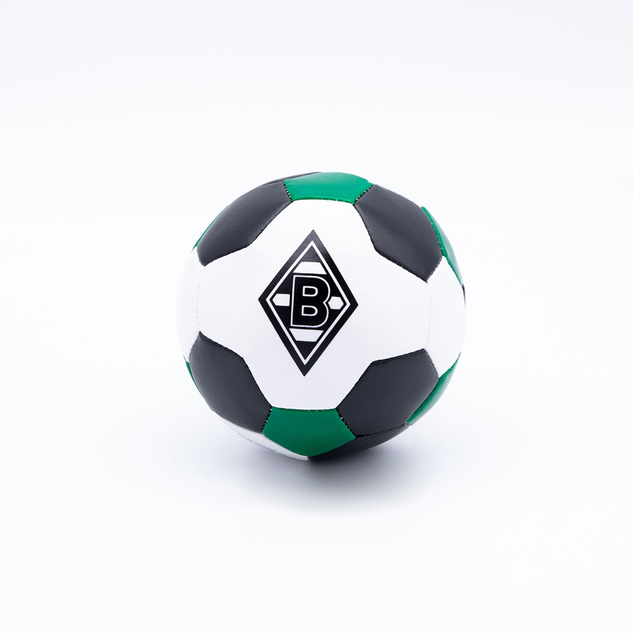 Soccer ball featuring black white and green segments with Borussia Mönchengladbach logo.