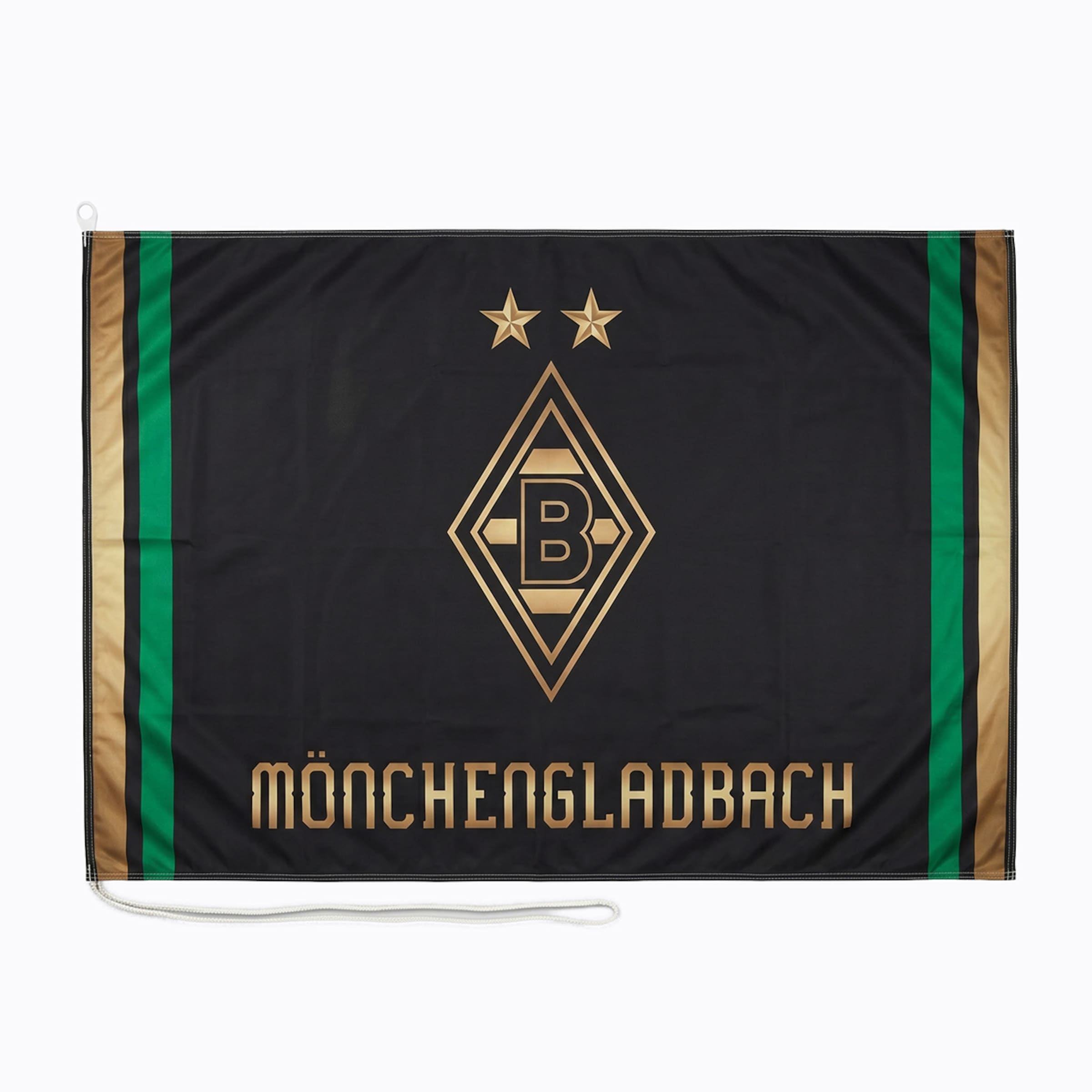 Black Borussia Mönchengladbach flag with gold diamond logo, two stars, and club name. Green and gold vertical stripes on the edges.